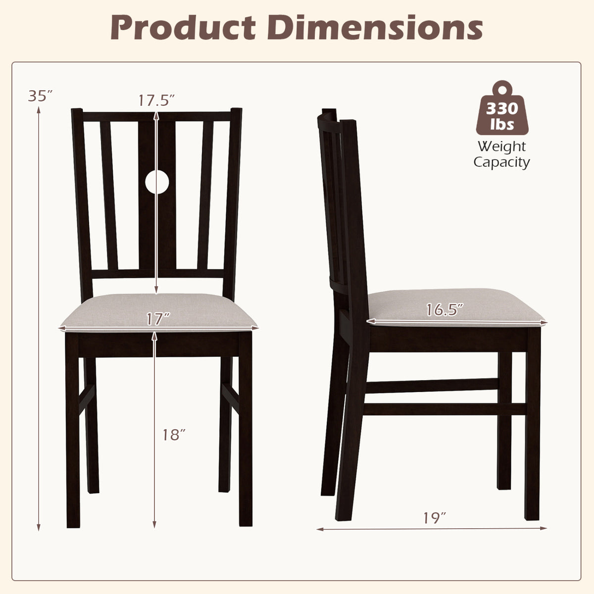 Set of 2 Rubber Wood Kitchen Chairs with Fabric Padded Seat -Coffee