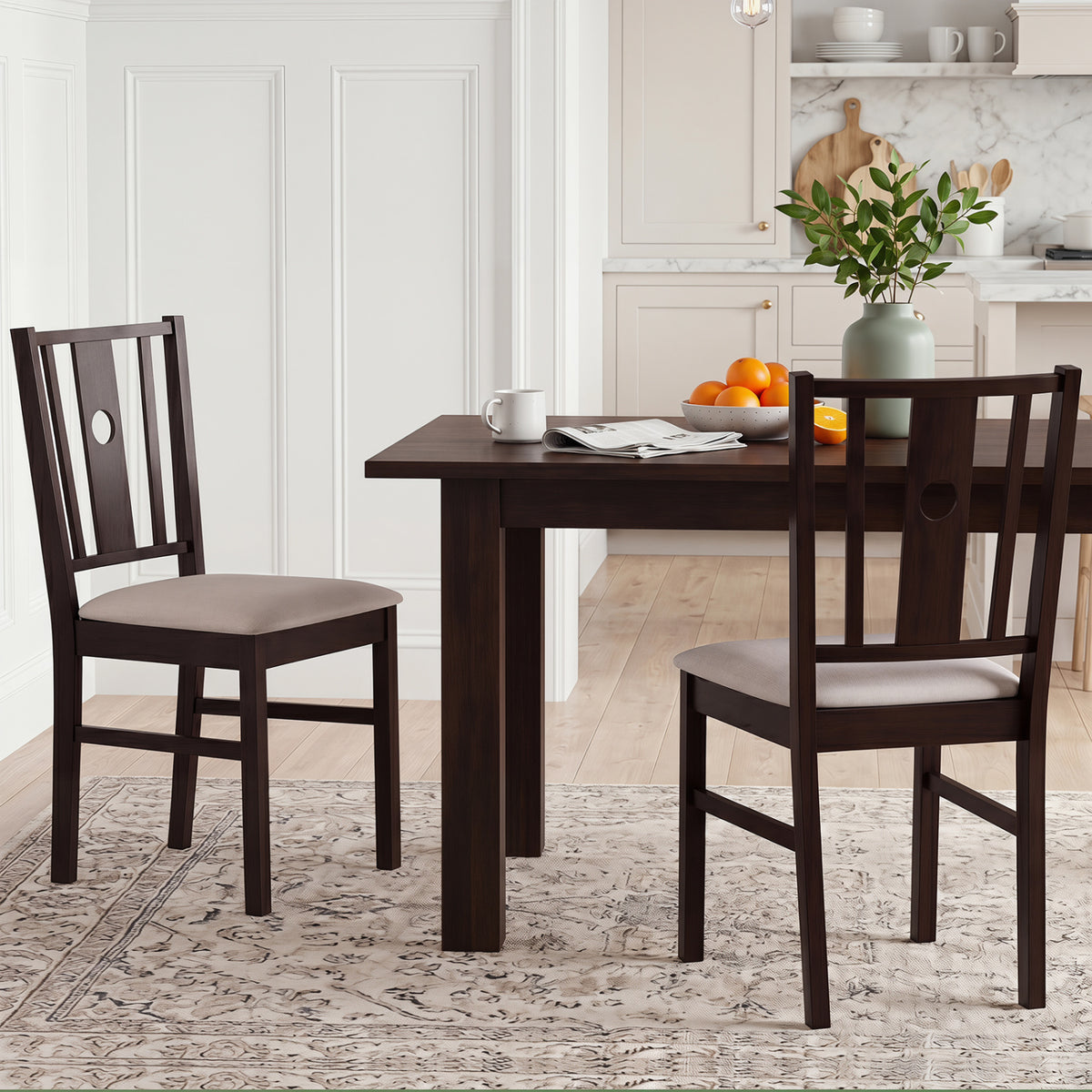 Set of 2 Rubber Wood Kitchen Chairs with Fabric Padded Seat -Coffee