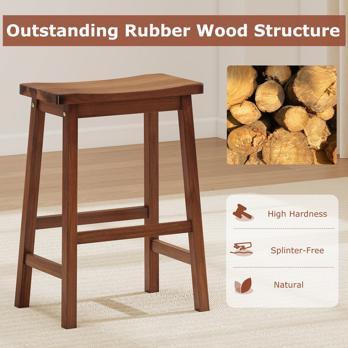 Set of 2 Saddle-Seat Counter Height Stools with Curved Seat and Footrests-Walnut