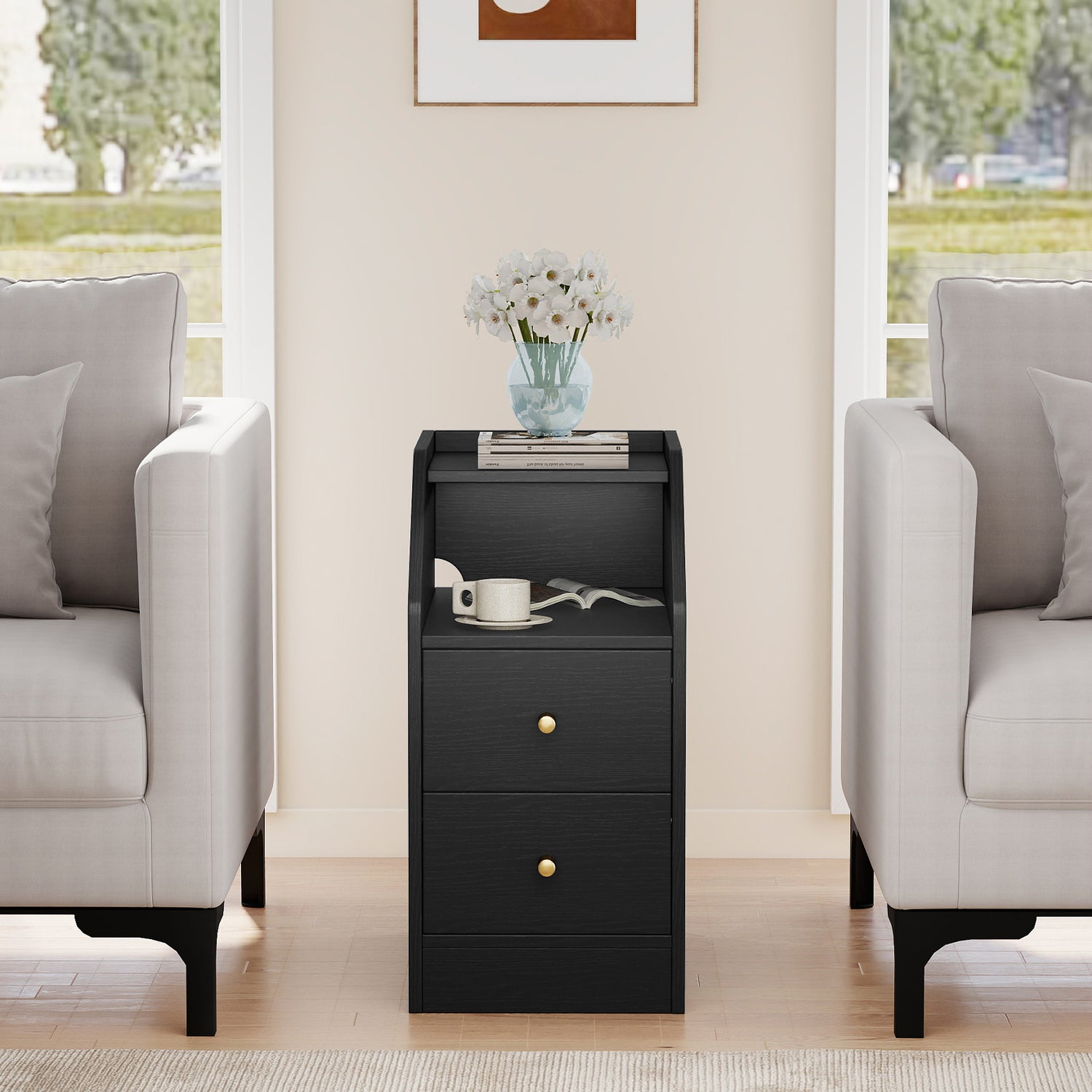 Set of 2 Side End Tables with Charging Station Sofa Couch Tables with Shelf Drawers