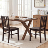 Set of 2 Solid Rubber Wood Kitchen Chairs with Slatted Curved Backrest-Coffee