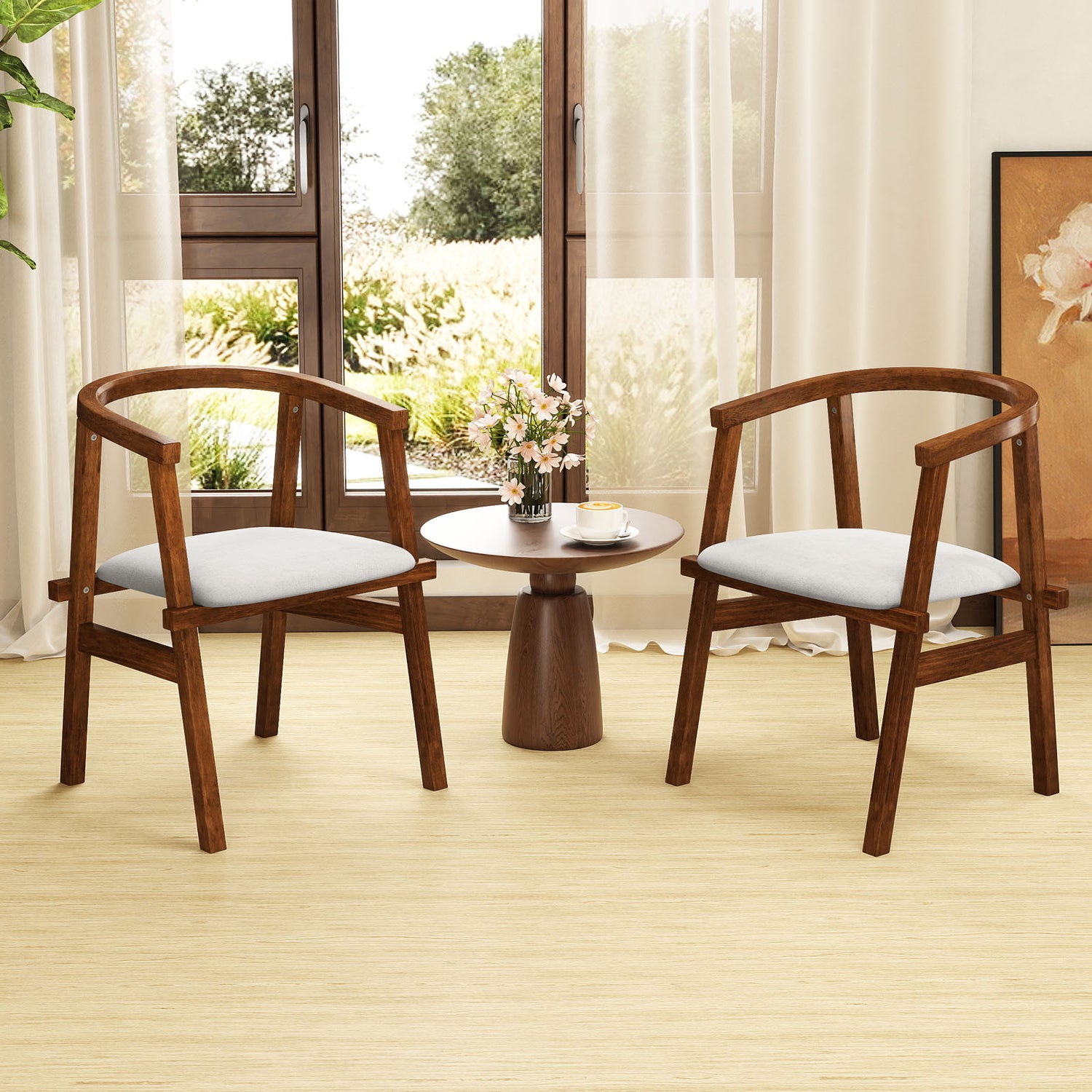 Set of 2 Solid Rubber Wood Dining Room Chairs with Wrap-around Armrest-Walnut