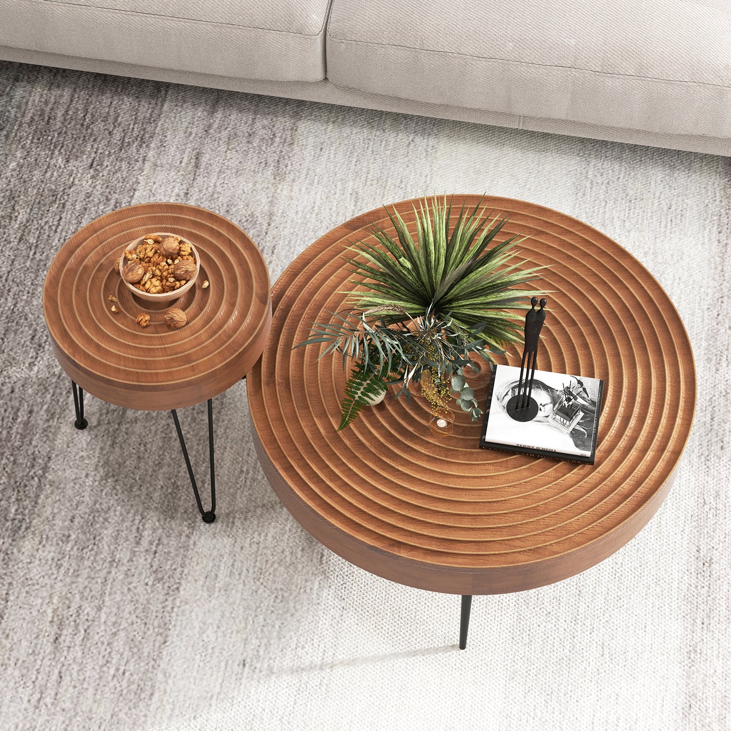 Set of 2 Solid Wood Farmhouse Round Coffee Tables