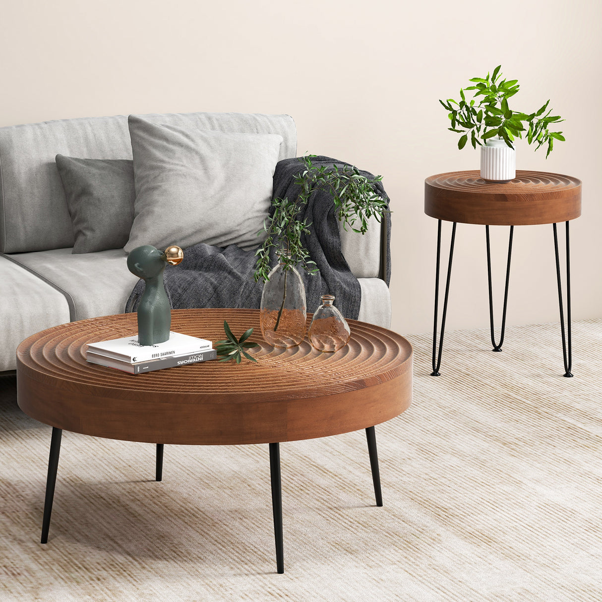 Set of 2 Solid Wood Farmhouse Round Coffee Tables