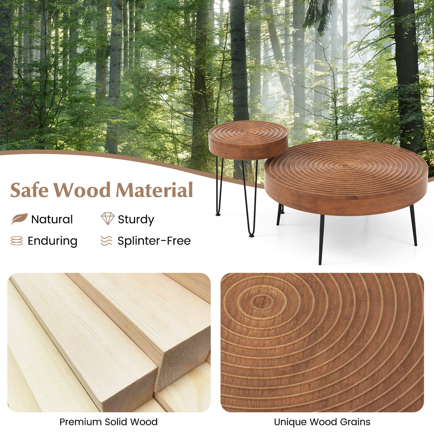 Set of 2 Solid Wood Farmhouse Round Coffee Tables