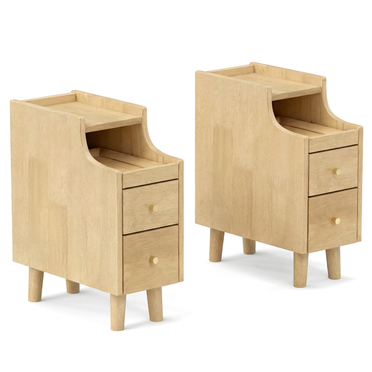 Set of 2 Solid Wood Night Side Table with Pull-out Tray and 2 Storage Drawers
