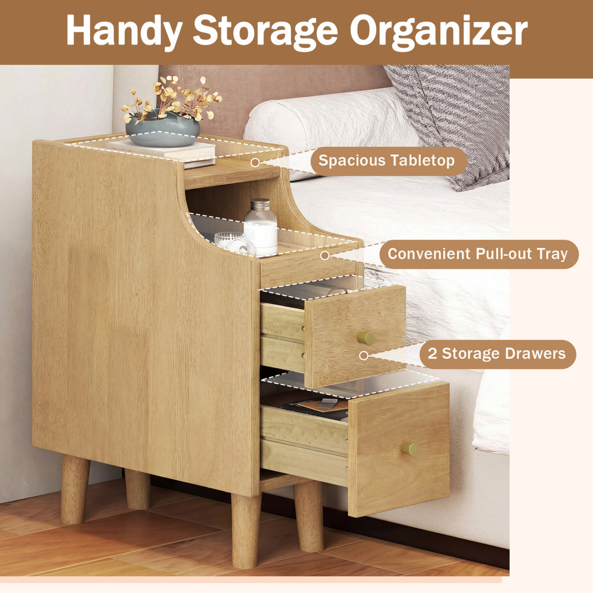 Set of 2 Solid Wood Night Side Table with Pull-out Tray and 2 Storage Drawers