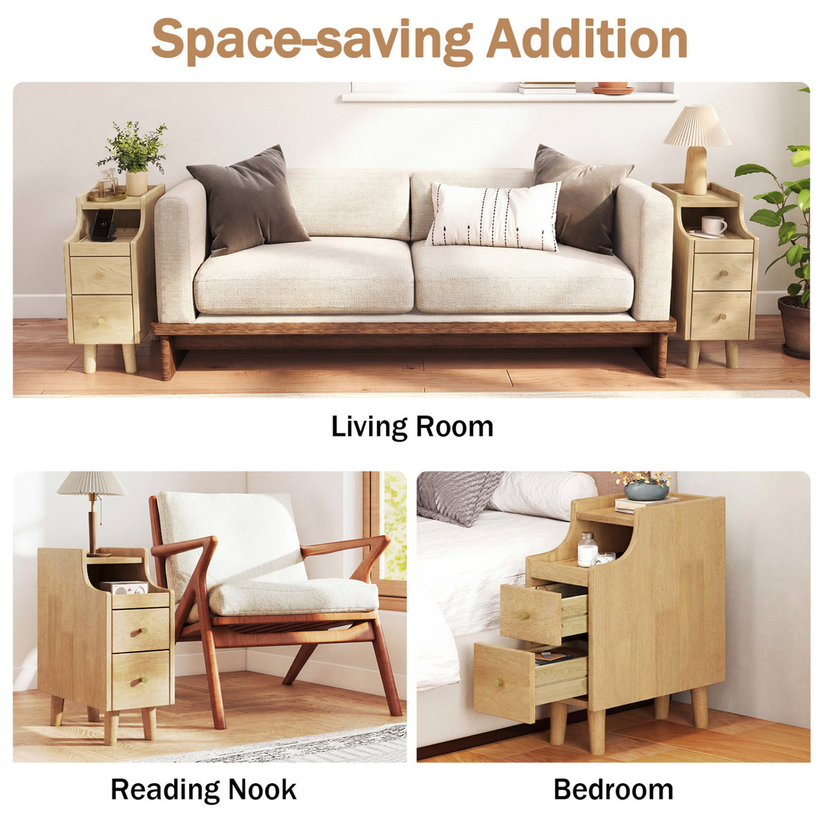Set of 2 Solid Wood Night Side Table with Pull-out Tray and 2 Storage Drawers
