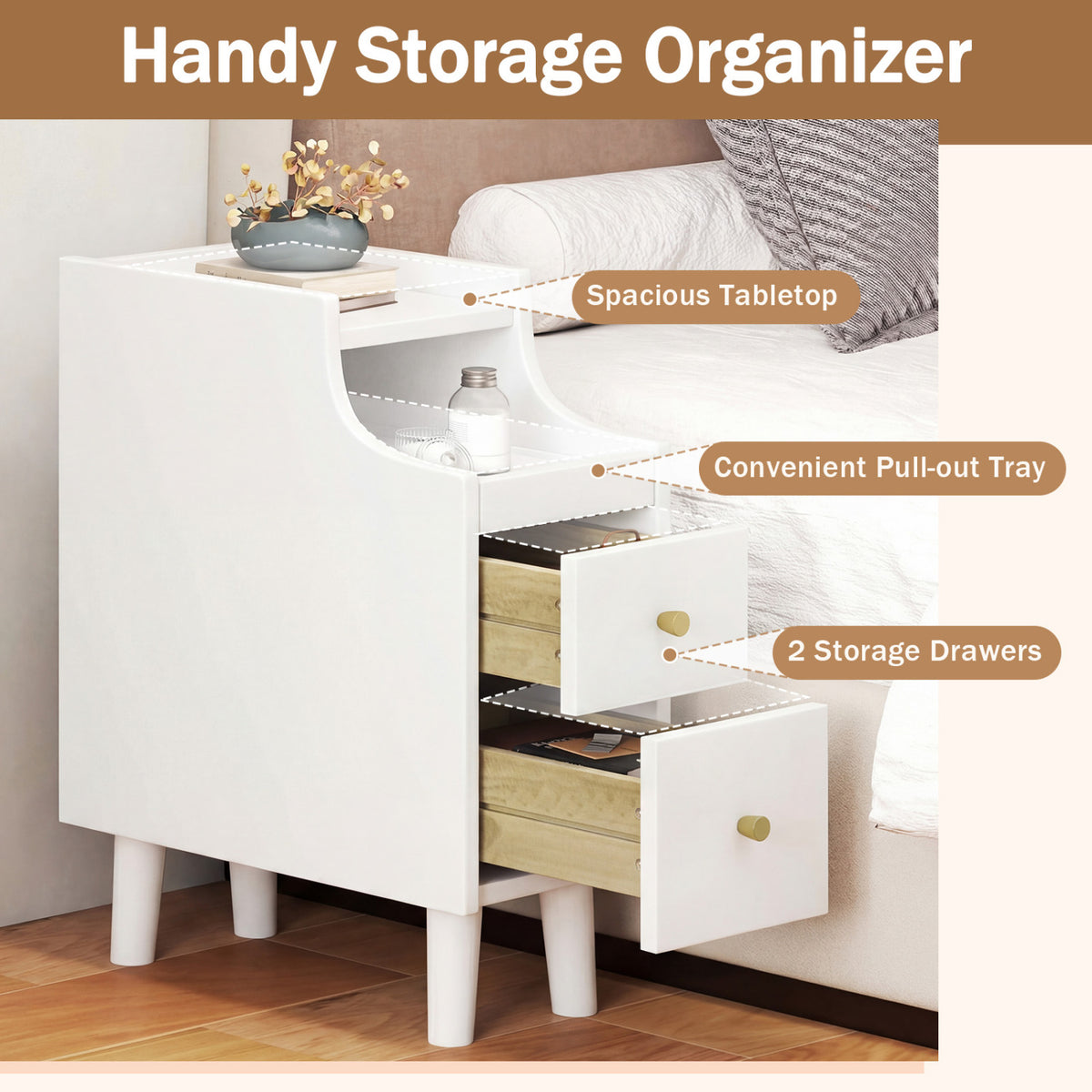 Set of 2 Solid Wood Night Side Table with Pull-out Tray and 2 Storage Drawers