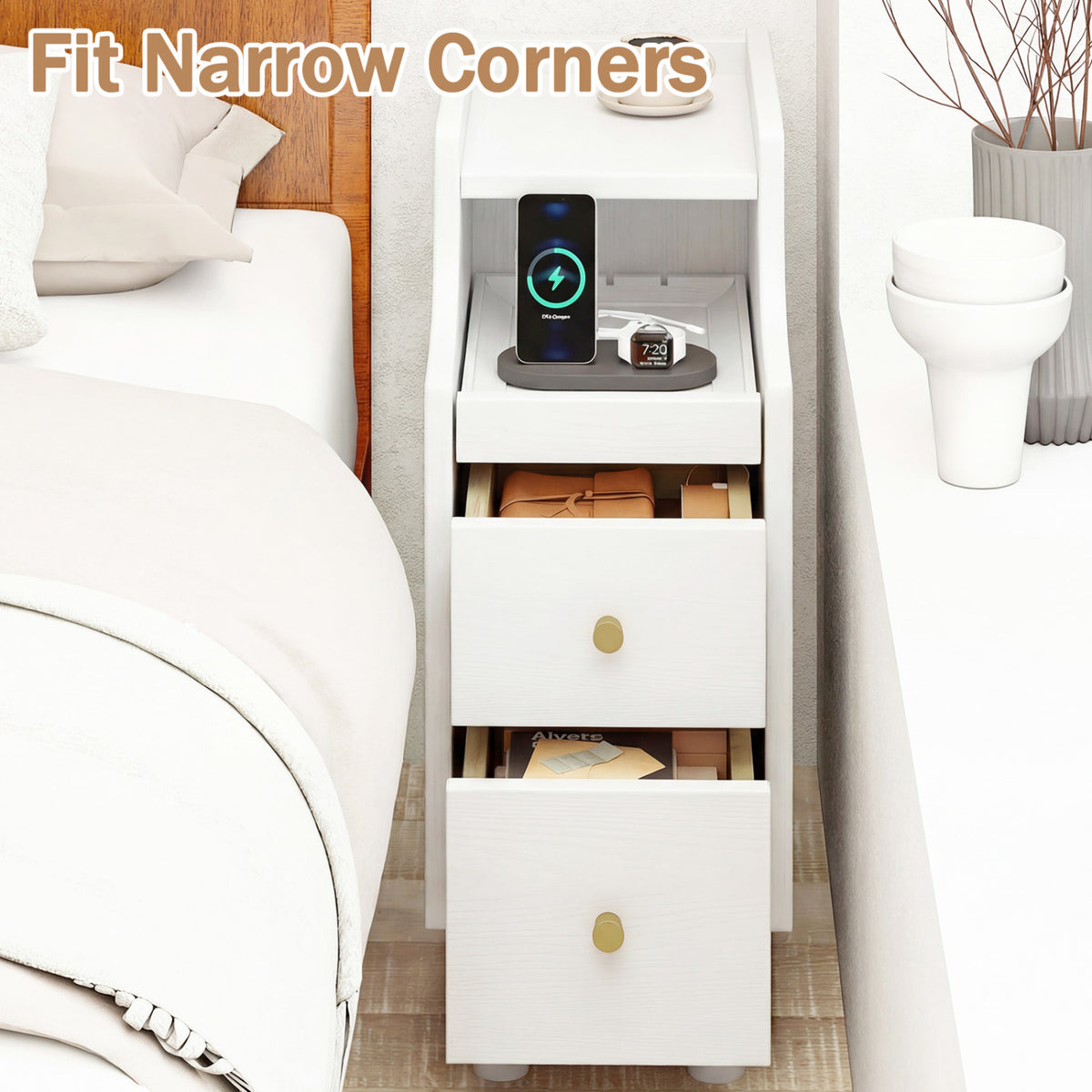 Set of 2 Solid Wood Night Side Table with Pull-out Tray and 2 Storage Drawers