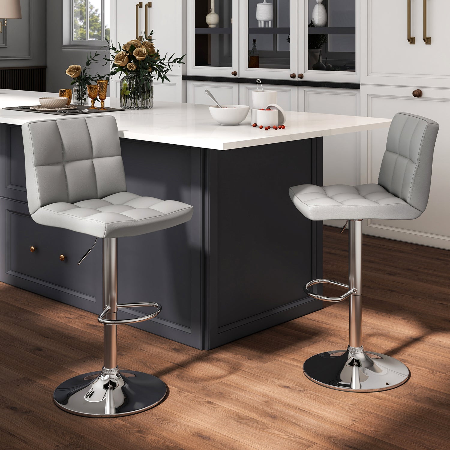 Set of 2 Square Swivel Adjustable PU Leather Bar Stools with Back and Footrest
