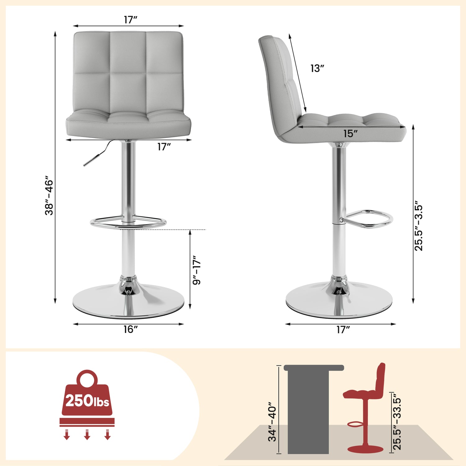 Set of 2 Square Swivel Adjustable PU Leather Bar Stools with Back and Footrest