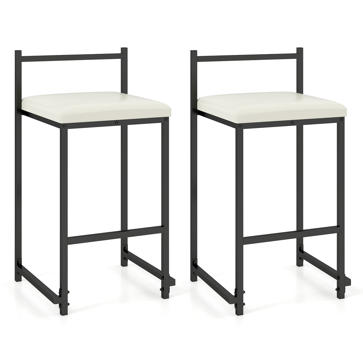 Set of 2 Stackable Counter Height Bar Stools PU Leather Upholstered with Footrest-Black