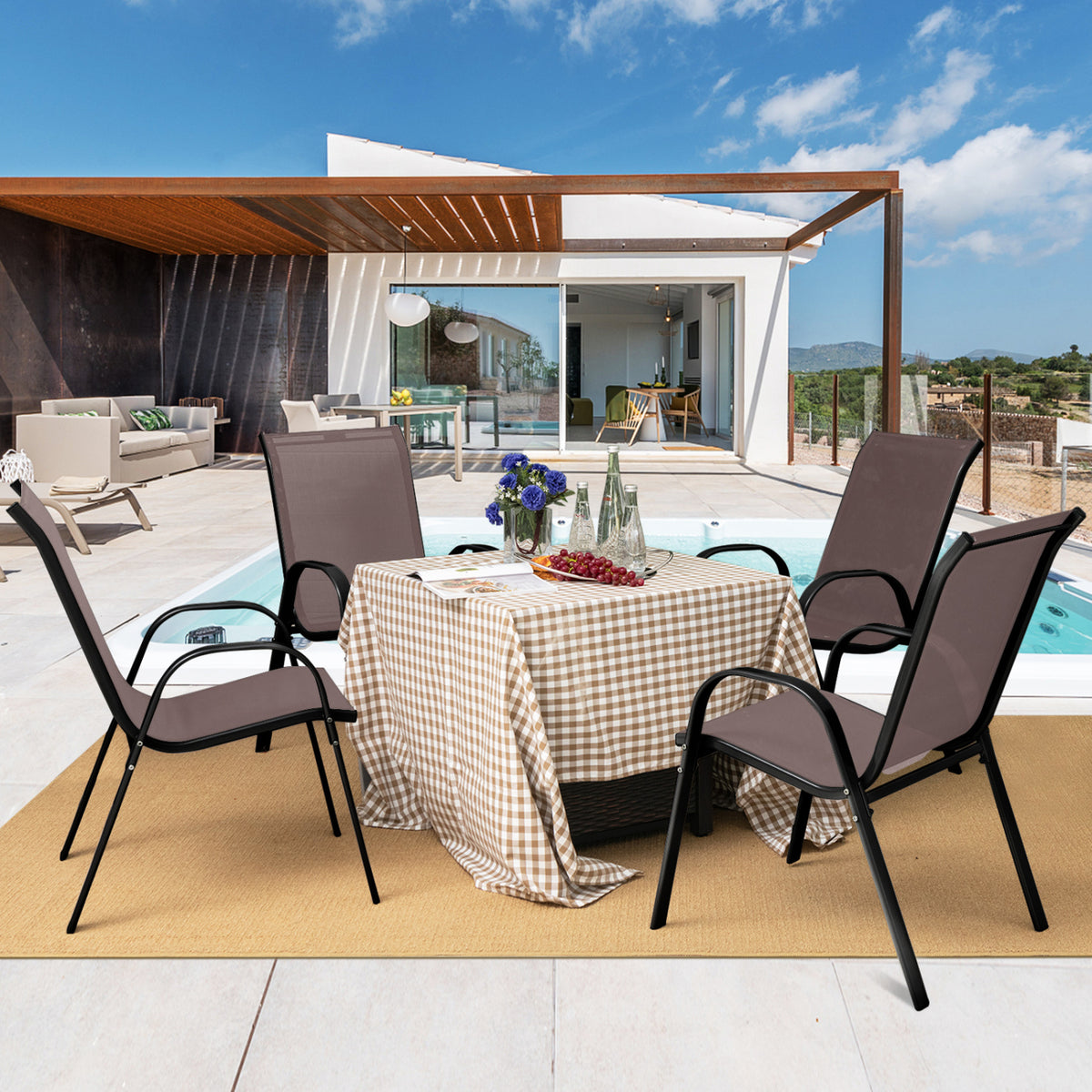 Set of 2 Stackable Patio Dining Chairs Set with Armrest