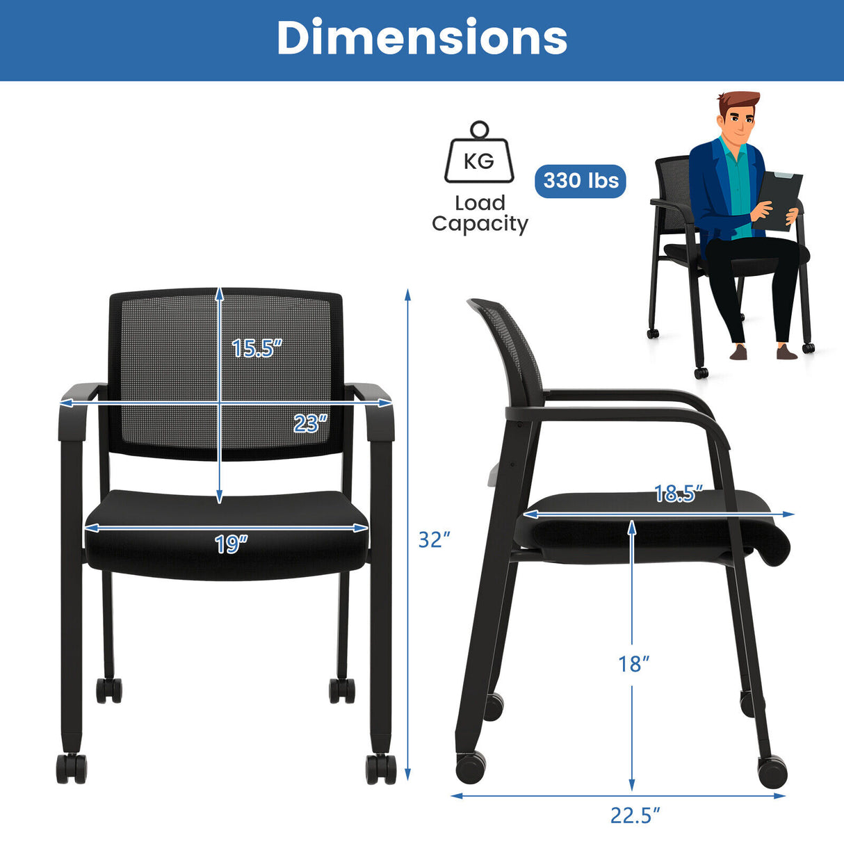 Set of 2 Stackable Rolling Office Chairs with Mesh Backrest-Black