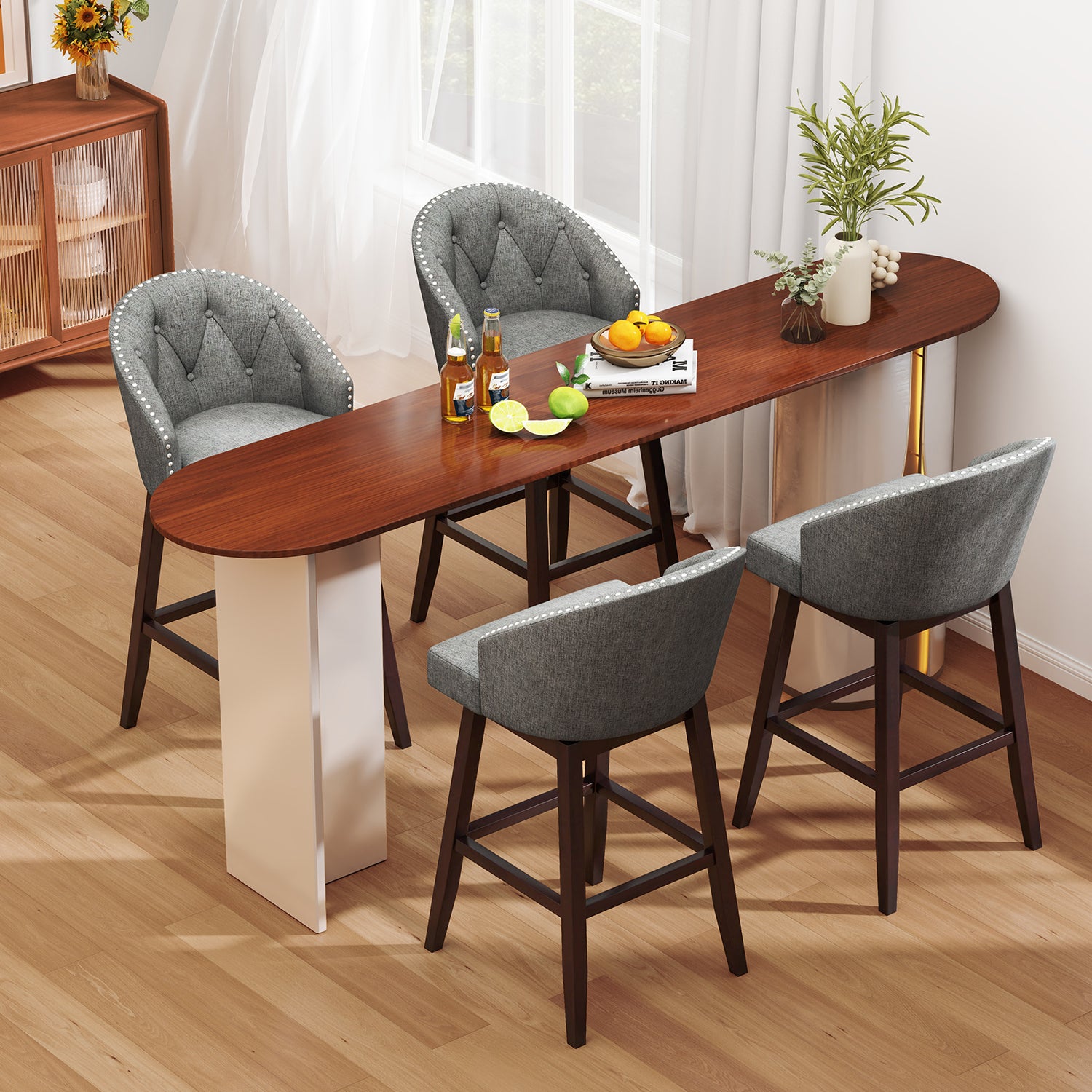 Set of 2 Swivel Bar Stools with Rubber Wood Legs and Padded Back