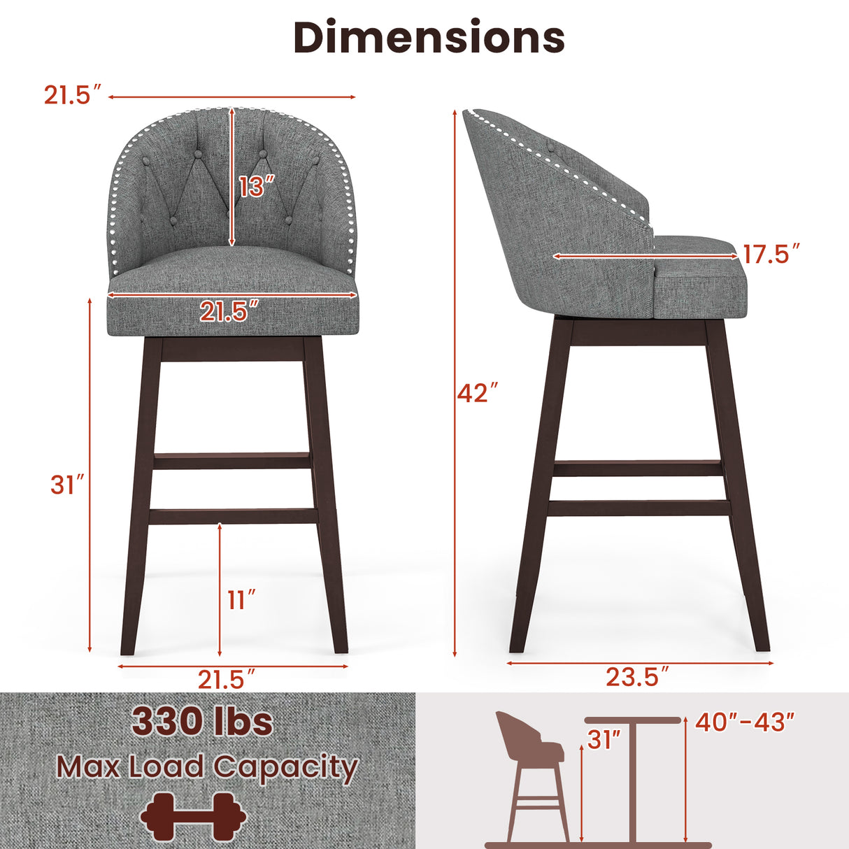 Set of 2 Swivel Bar Stools with Rubber Wood Legs and Padded Back