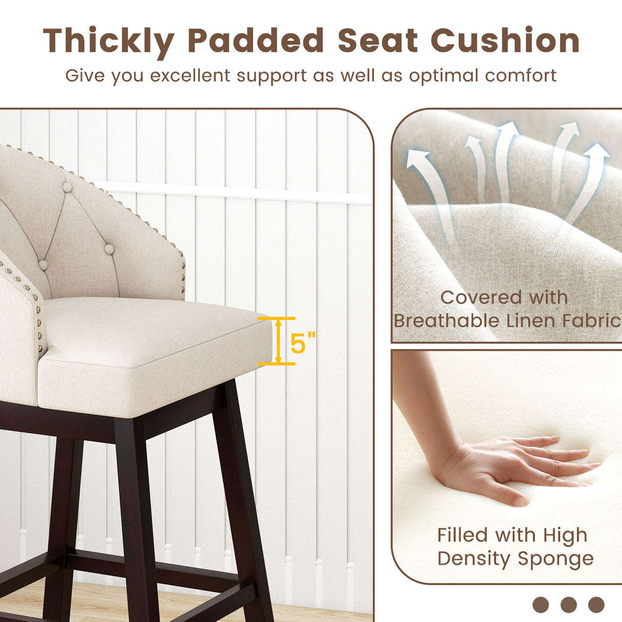 Set of 2 Swivel Bar Stools with Rubber Wood Legs and Padded Back