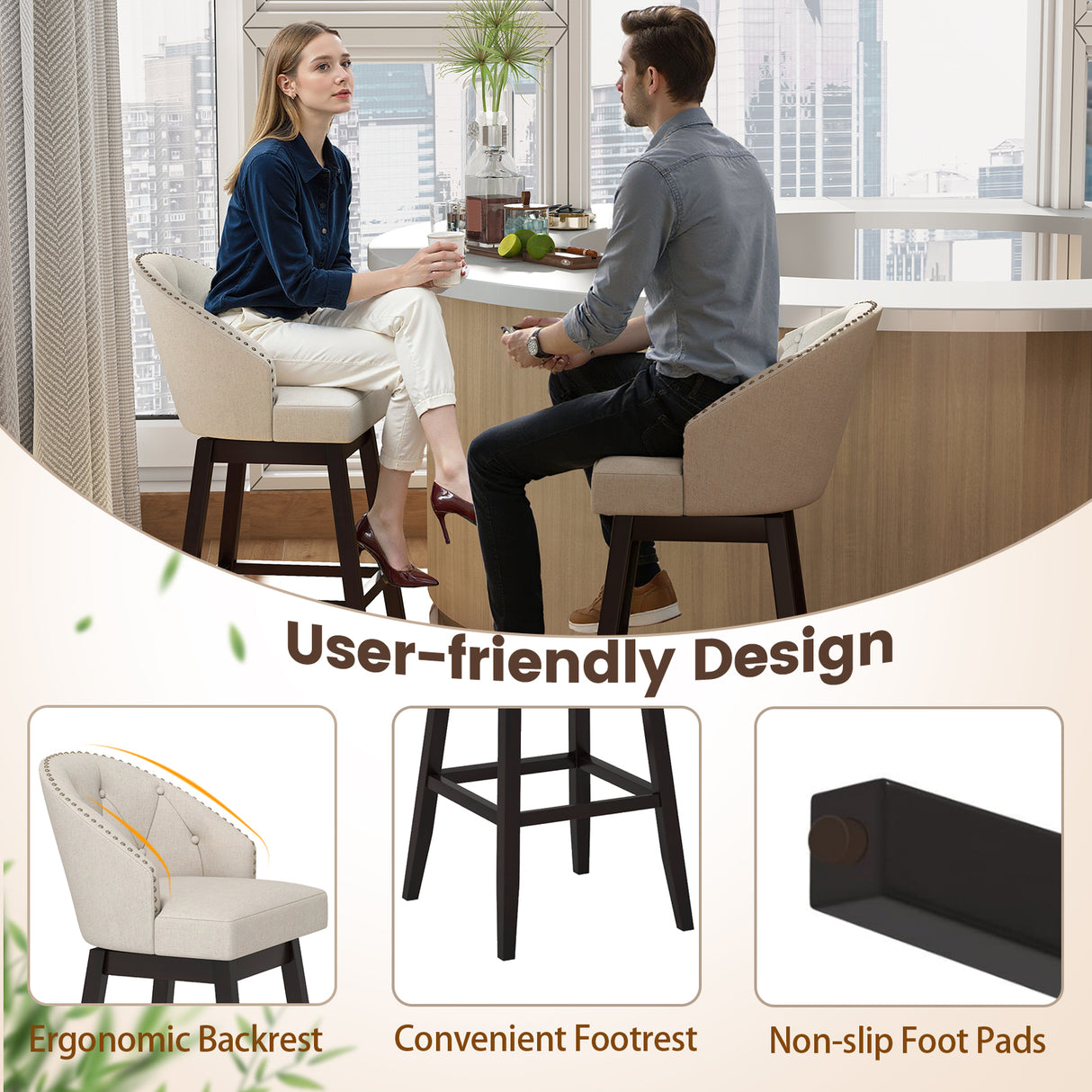 Set of 2 Swivel Bar Stools with Rubber Wood Legs and Padded Back