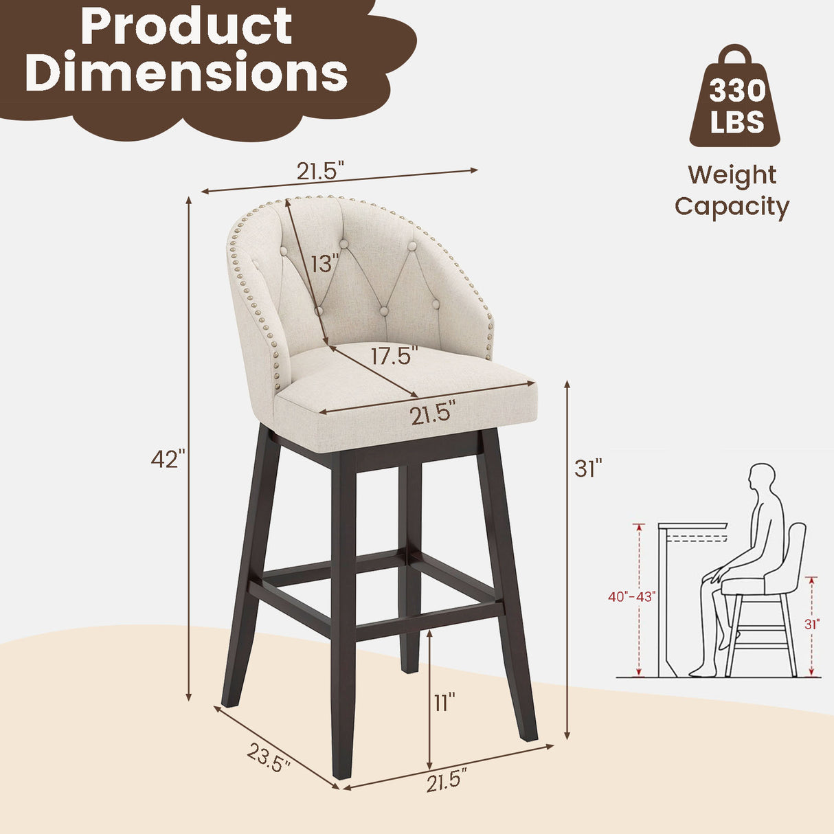 Set of 2 Swivel Bar Stools with Rubber Wood Legs and Padded Back