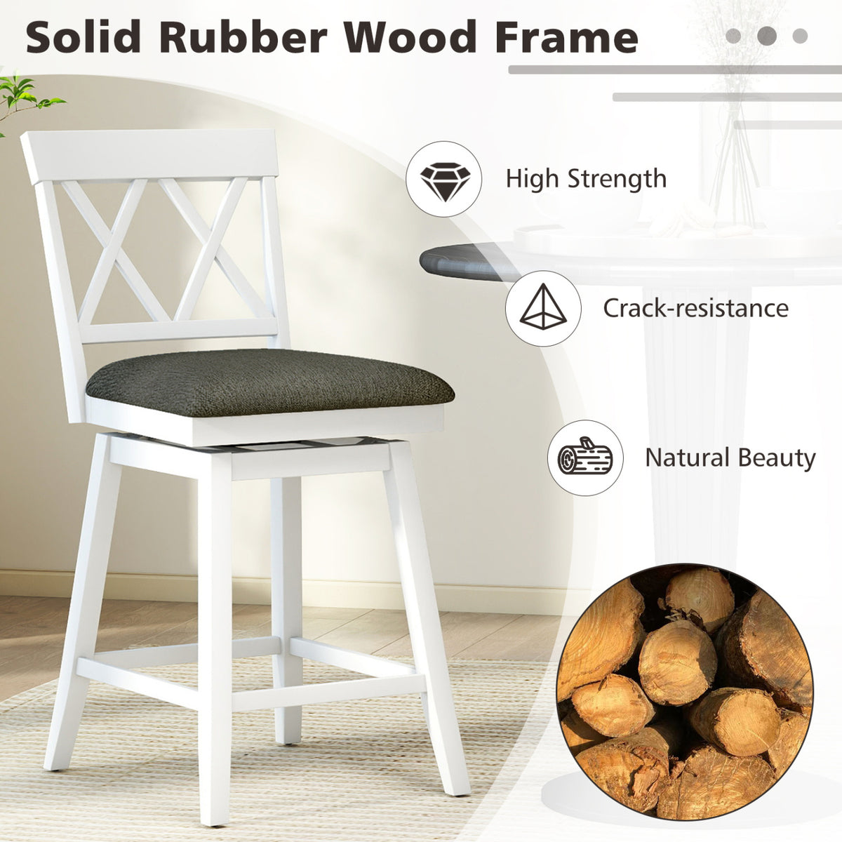 Set of 2 Swivel Bar Stools Counter Height Barstools with Backrest Upholstered Seat Cushion-24/Cushion-29 inches/Inches