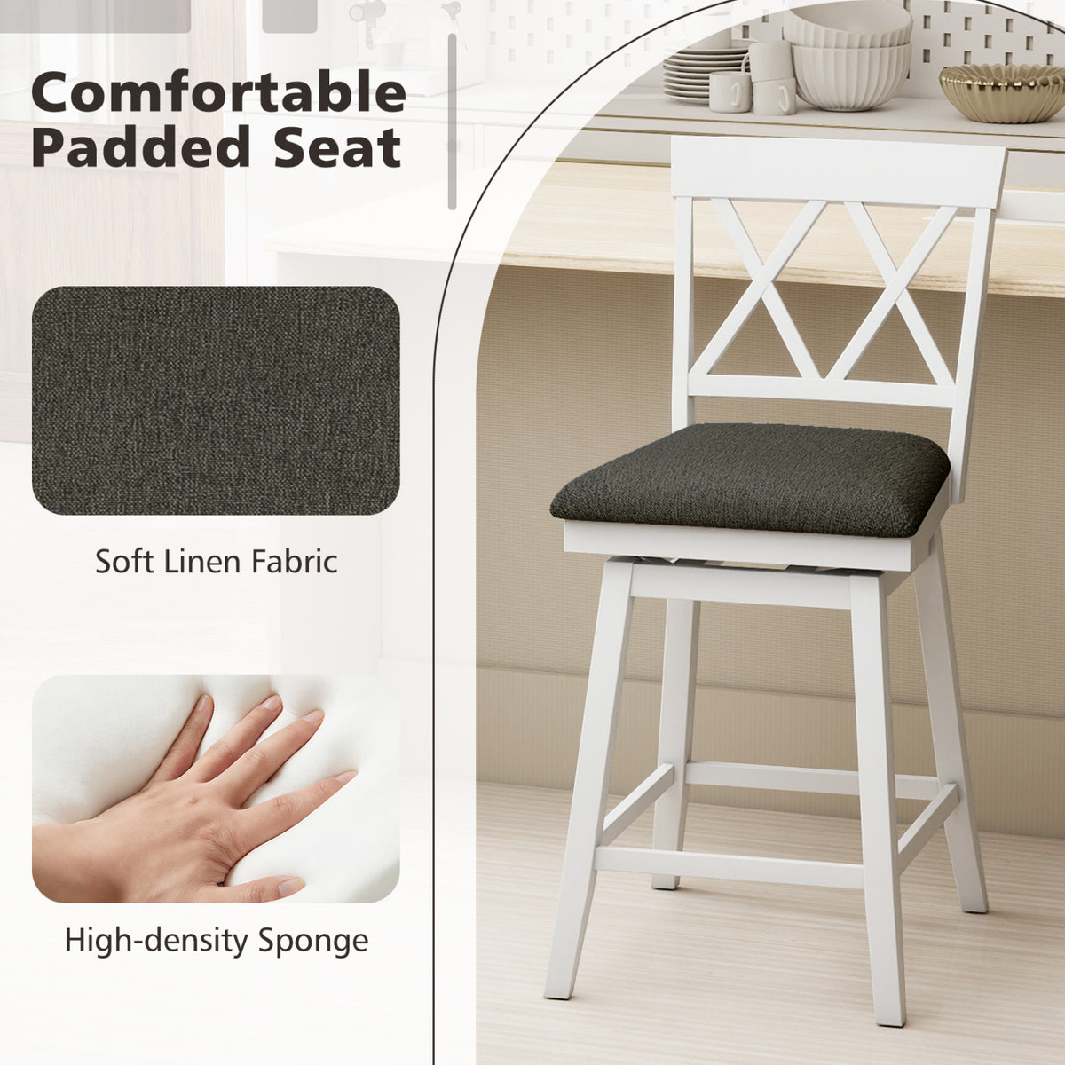 Set of 2 Swivel Bar Stools Counter Height Barstools with Backrest Upholstered Seat Cushion-24/Cushion-29 inches/Inches
