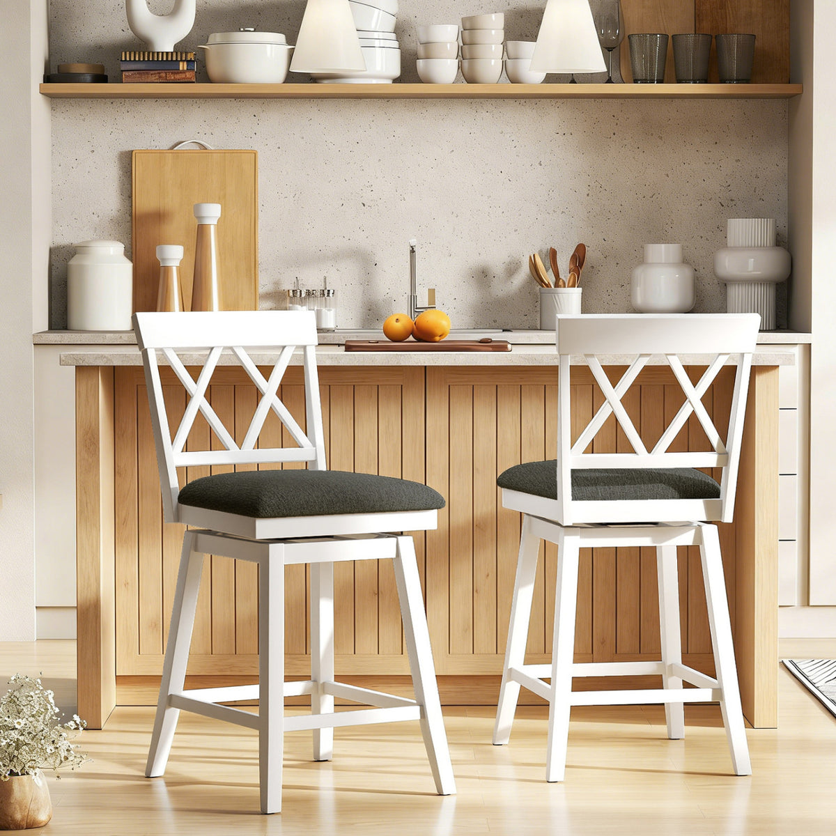 Set of 2 Swivel Bar Stools Counter Height Barstools with Backrest Upholstered Seat Cushion-24/Cushion-29 inches/Inches