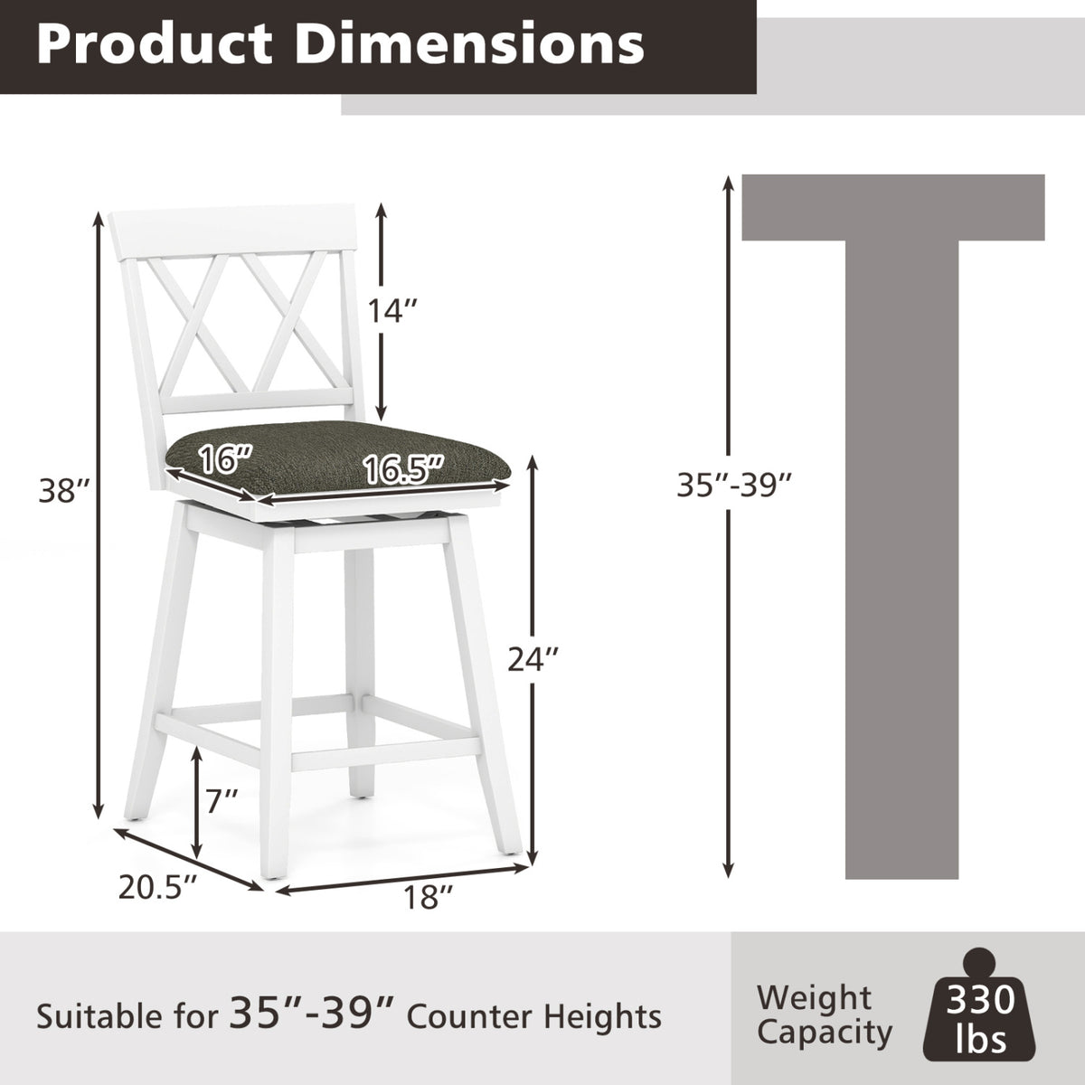 Set of 2 Swivel Bar Stools Counter Height Barstools with Backrest Upholstered Seat Cushion-24/Cushion-29 inches/Inches