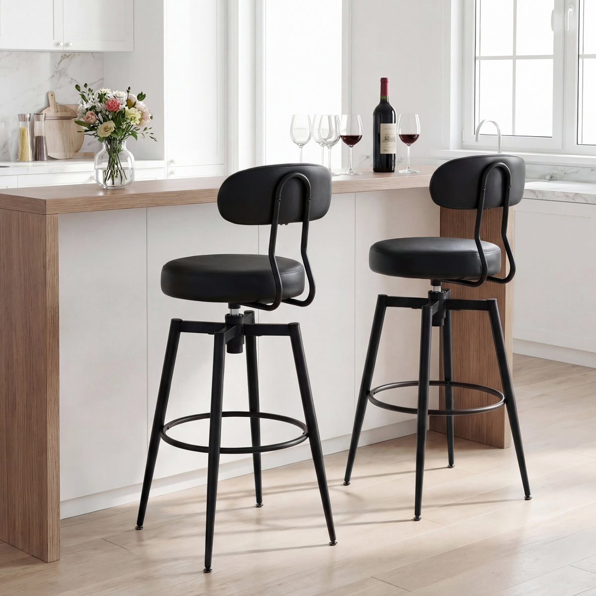 Set of 2 Swivel Barstools Faux Leather with Upholstered Seat and Back