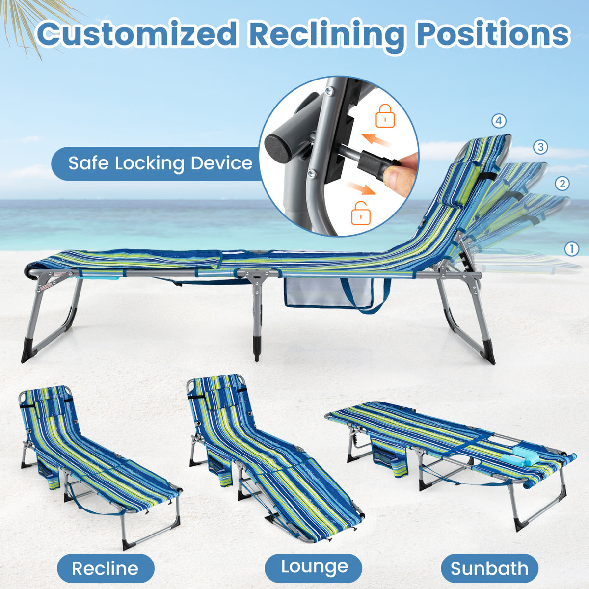 Set of 2 Tanning Chairs with Face Arm Holes Portable with 4-Level Backrest
