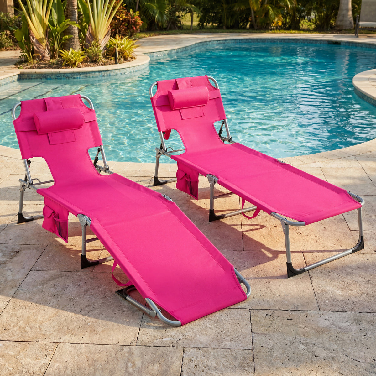 Set of 2 Tanning Chair Portable Chaise Lounge Chair with 4-Position Adjustable Backrest