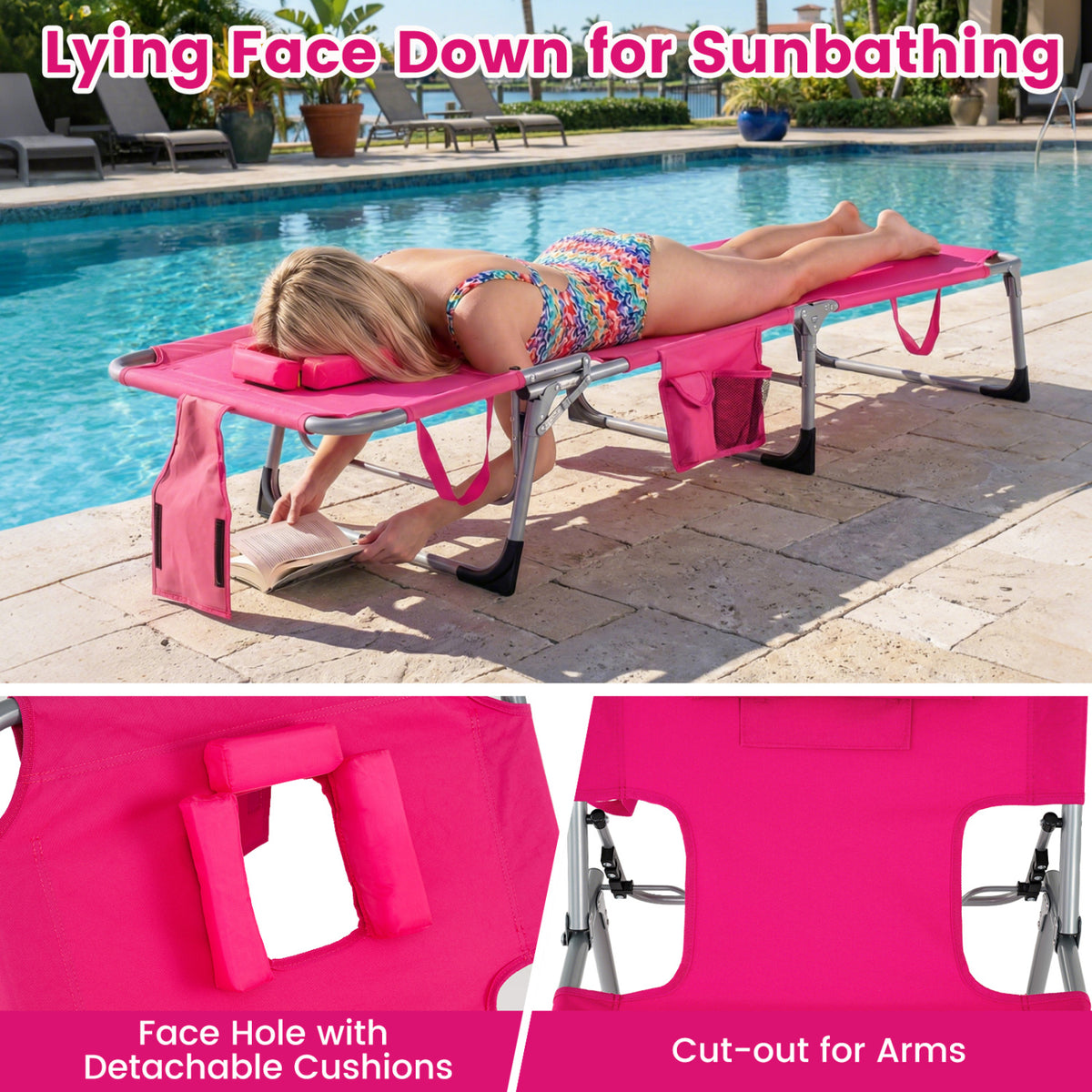 Set of 2 Tanning Chair Portable Chaise Lounge Chair with 4-Position Adjustable Backrest