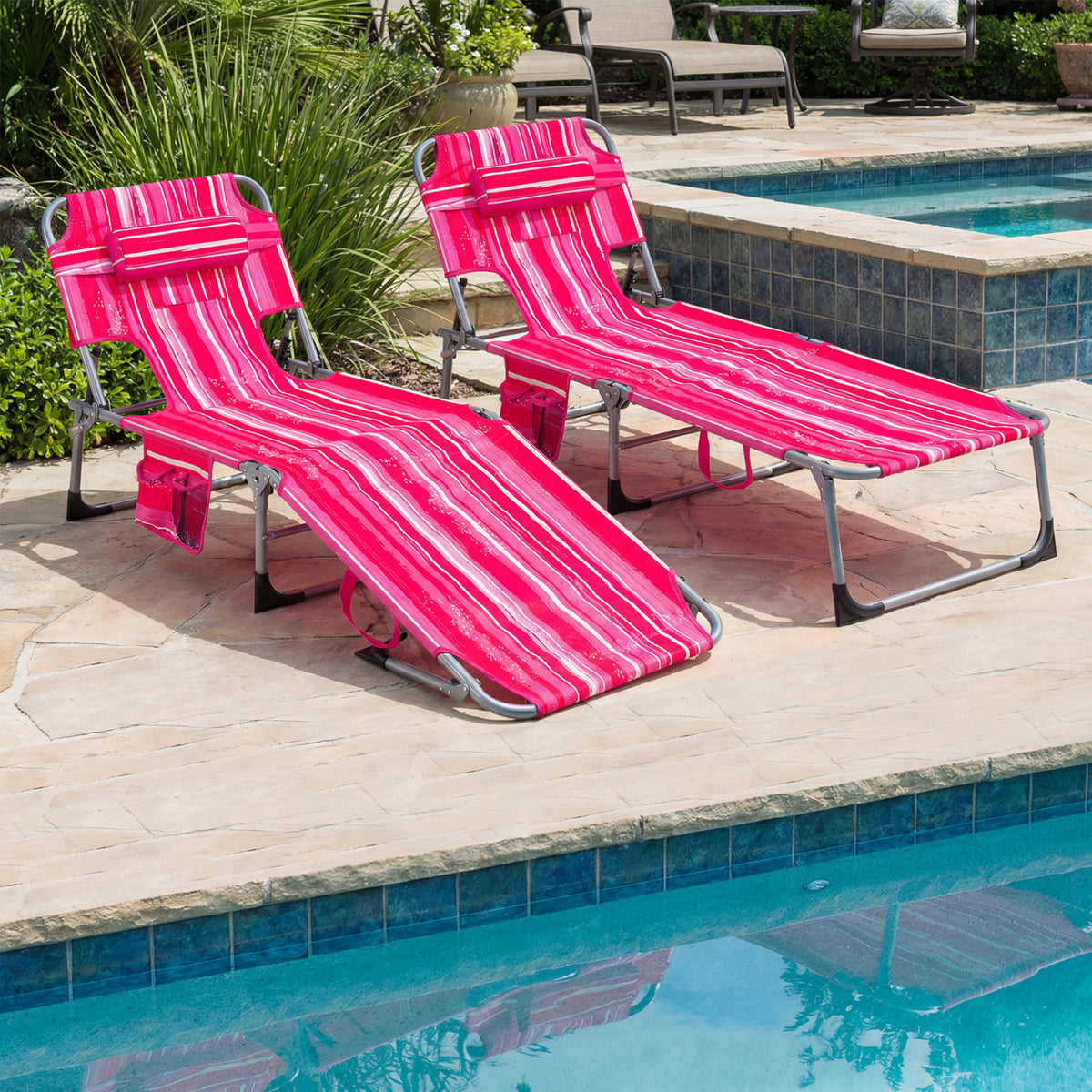 Set of 2 Tanning Chair Portable Chaise Lounge Chair with 4-Position Adjustable Backrest