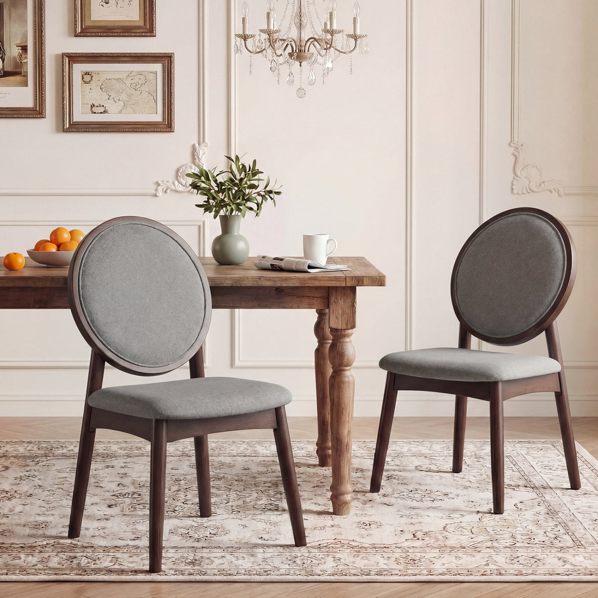 Set of 2 Upholstered Linen Fabric Kitchen Side Chairs with Padded Seat