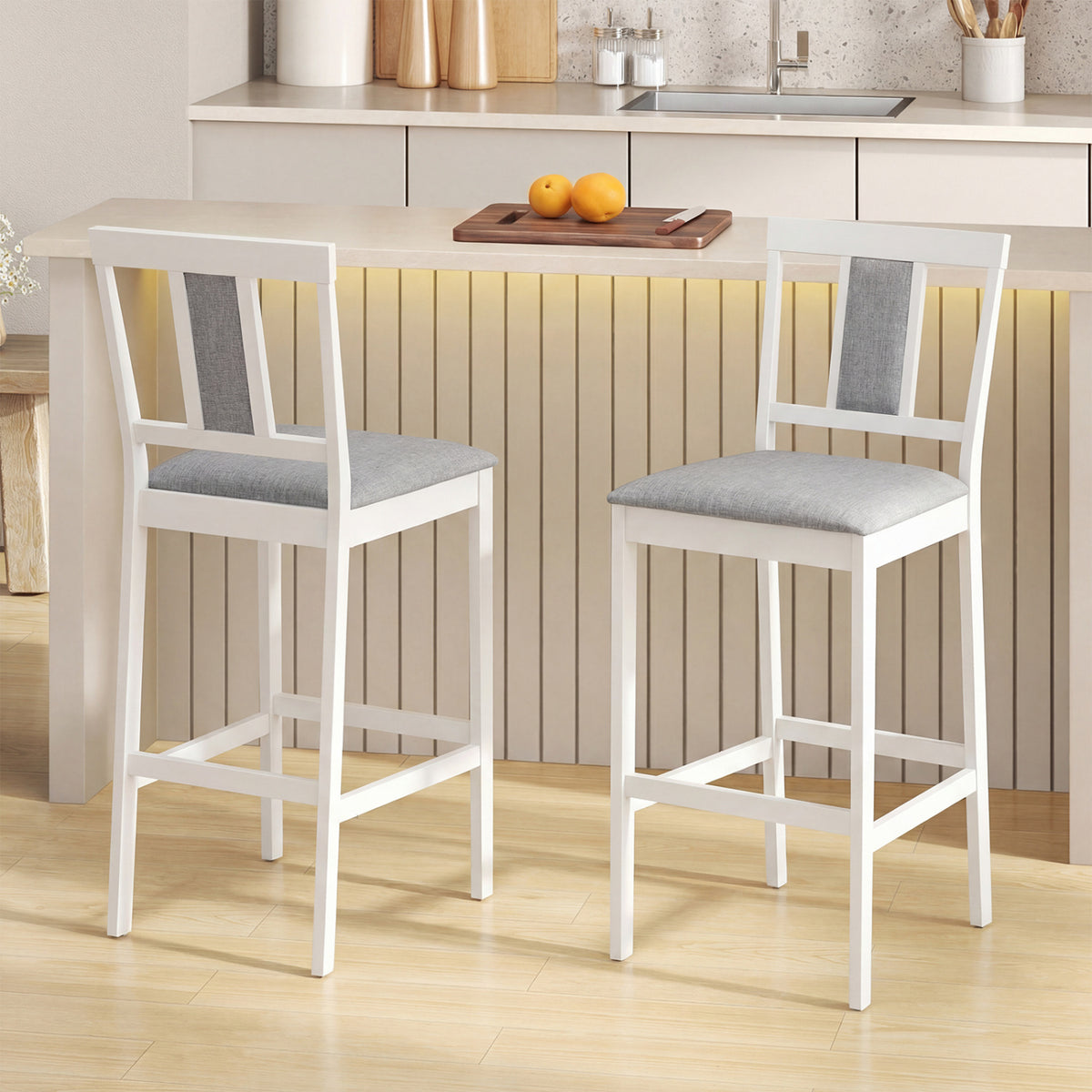 Set of 2 Upholstered Barstool 29.5 Inch Bar Height with Solid Rubber Wood Frame