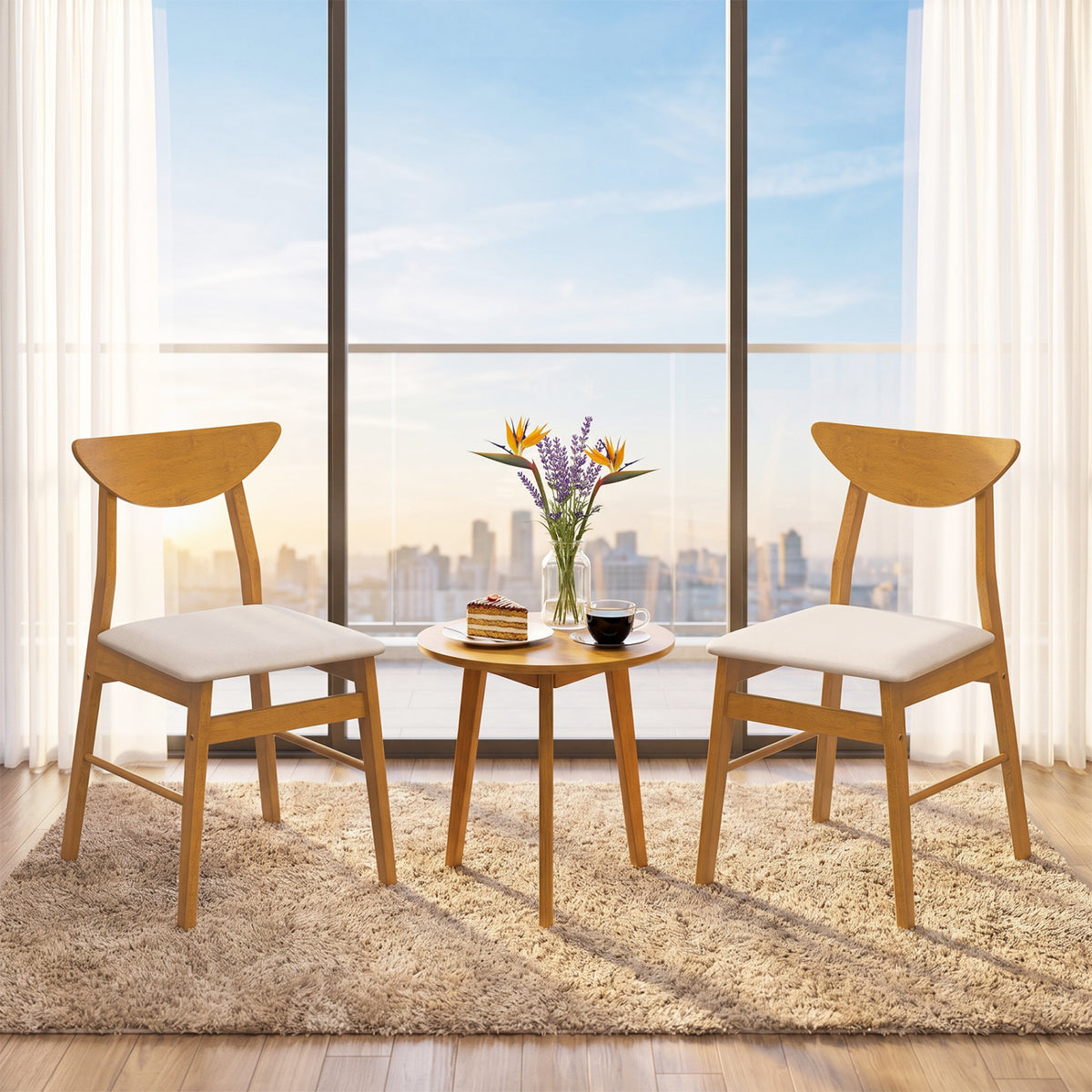 Set of 2 Upholstered Dining Chairs with Curved Backrest and Rubber Wood Frame