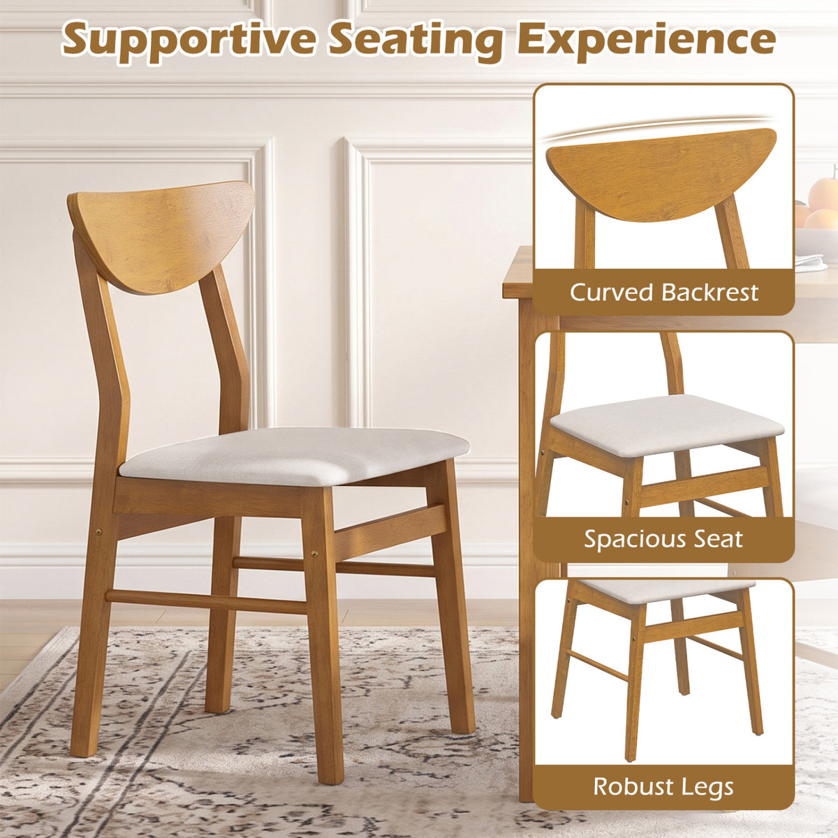 Set of 2 Upholstered Dining Chairs with Curved Backrest and Rubber Wood Frame