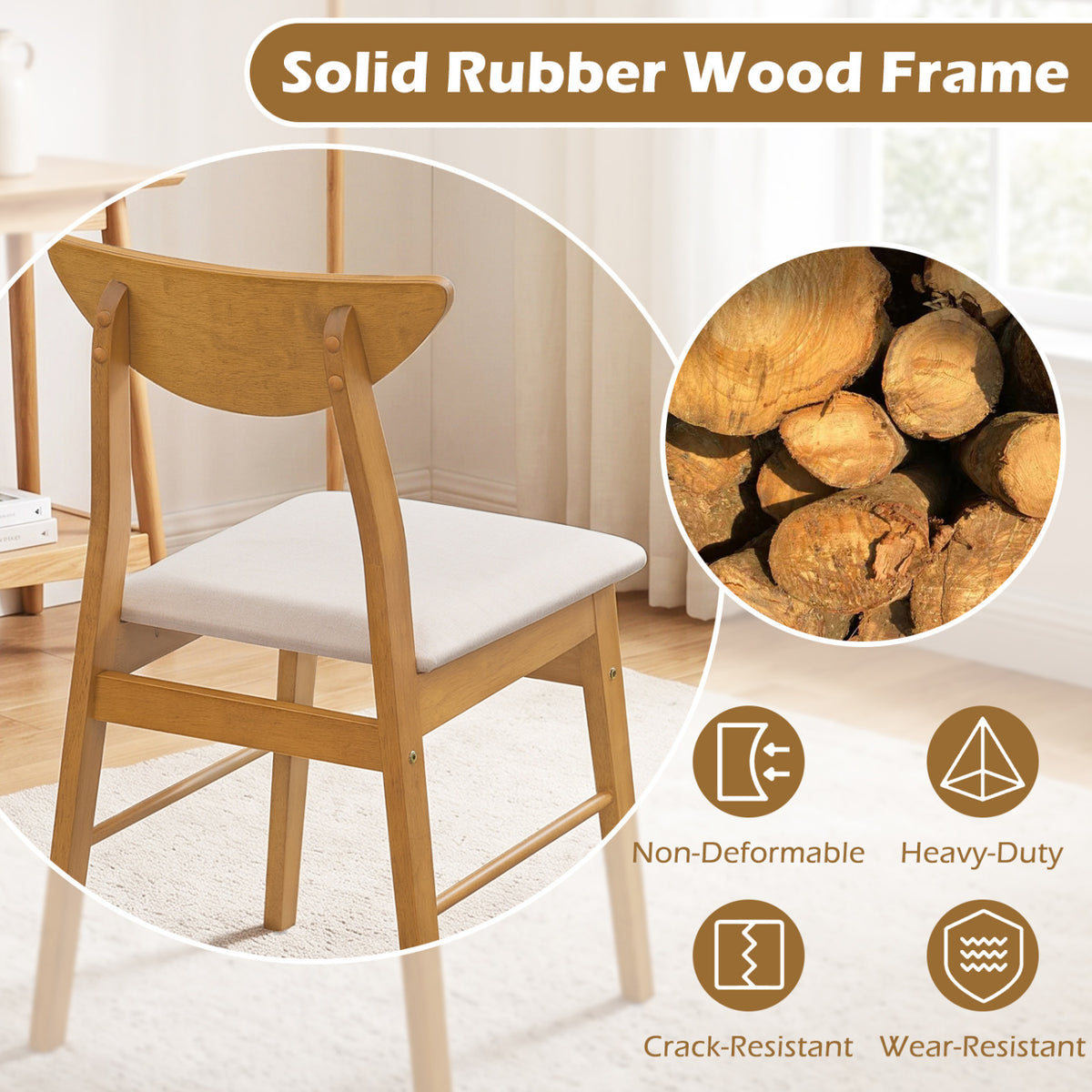 Set of 2 Upholstered Dining Chairs with Curved Backrest and Rubber Wood Frame