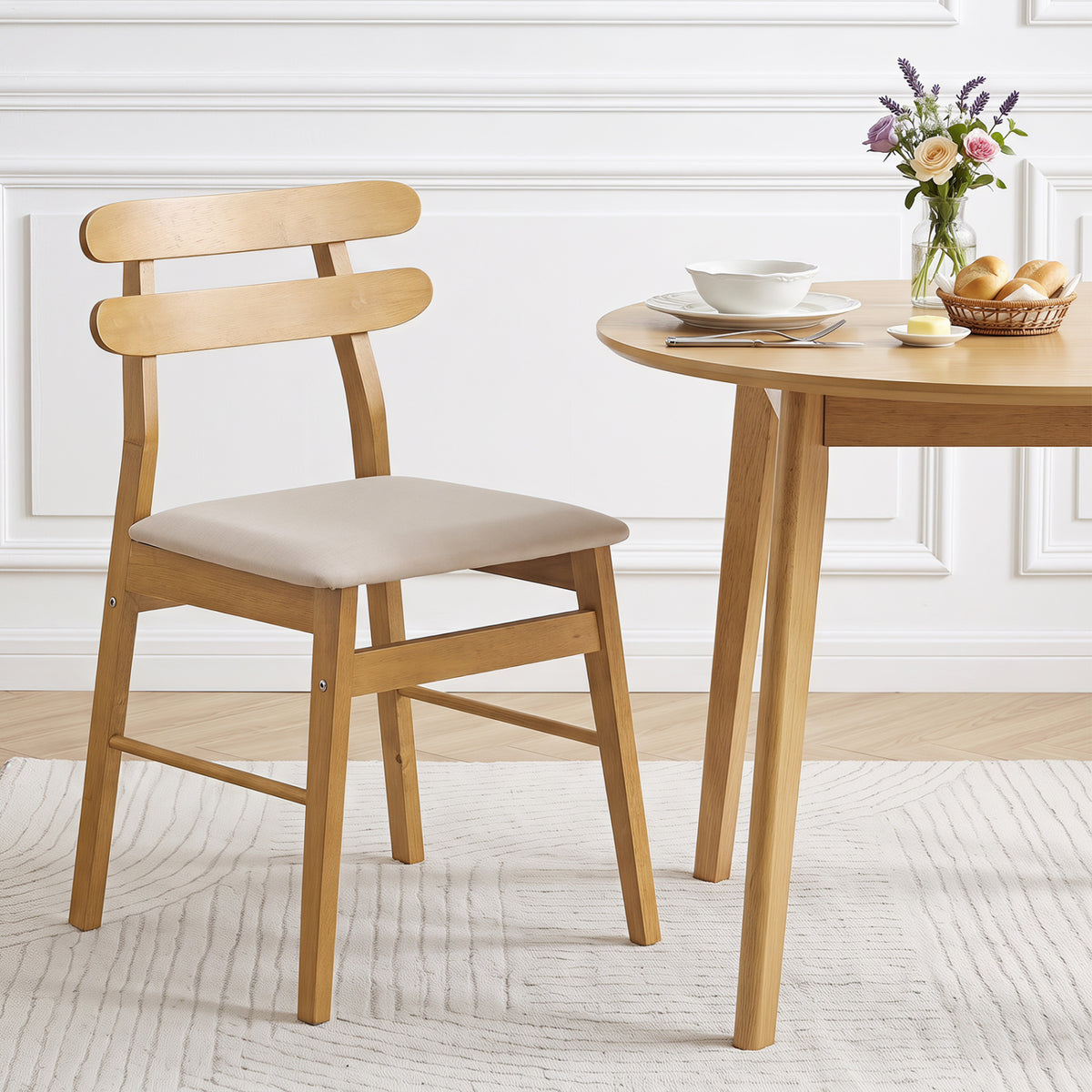 Set of 2 Upholstered Dining Chairs with Padded Seat and Solid Wood Legs