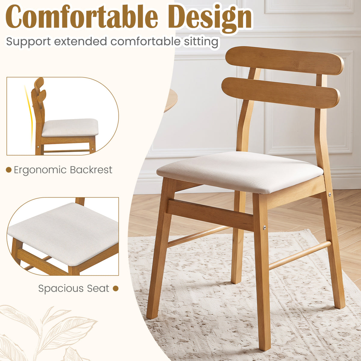 Set of 2 Upholstered Dining Chairs with Padded Seat and Solid Wood Legs