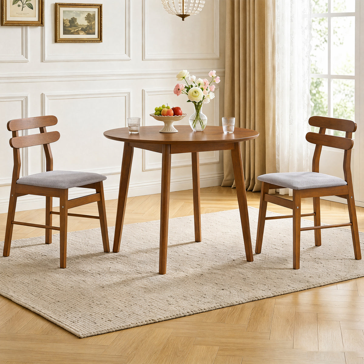 Set of 2 Upholstered Dining Chairs with Padded Seat and Solid Wood Legs