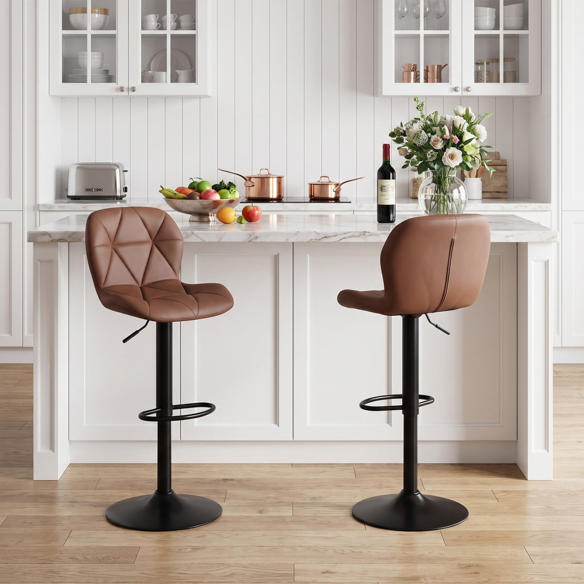 Set of 2 Upholstered Swivel Bar Stools with Adjustable Height and Curved Backs