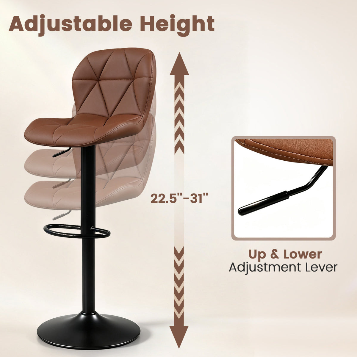 Set of 2 Upholstered Swivel Bar Stools with Adjustable Height and Curved Backs