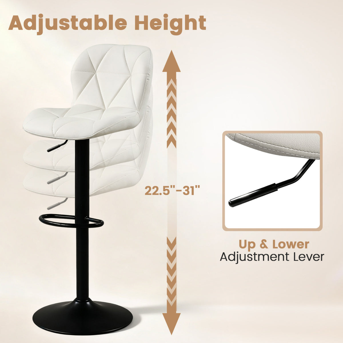 Set of 2 Upholstered Swivel Bar Stools with Adjustable Height and Curved Backs
