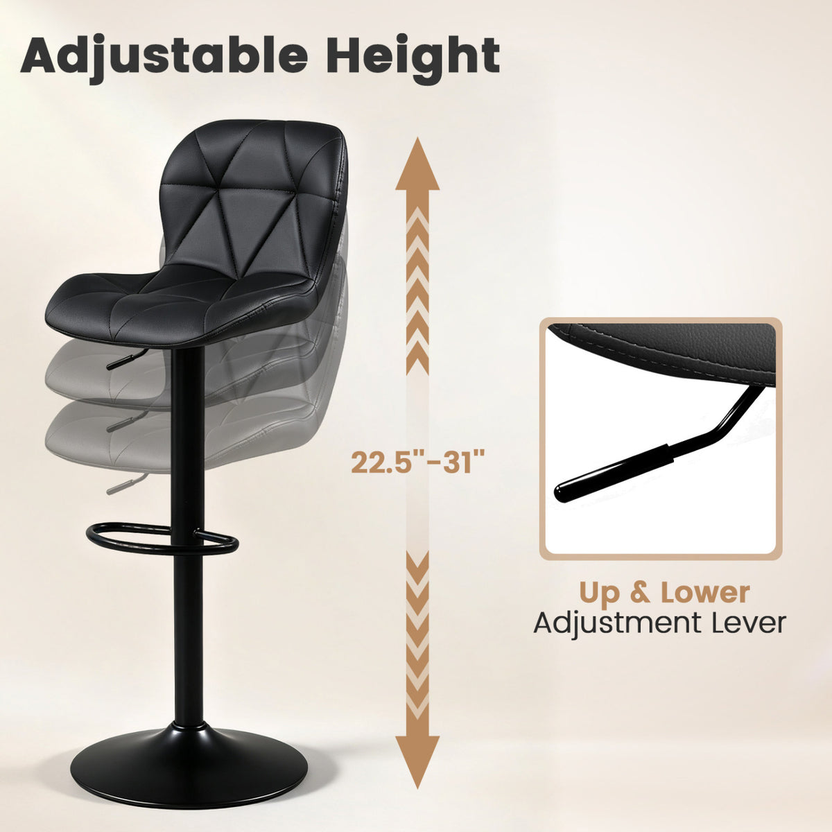 Set of 2 Upholstered Swivel Bar Stools with Adjustable Height and Curved Backs
