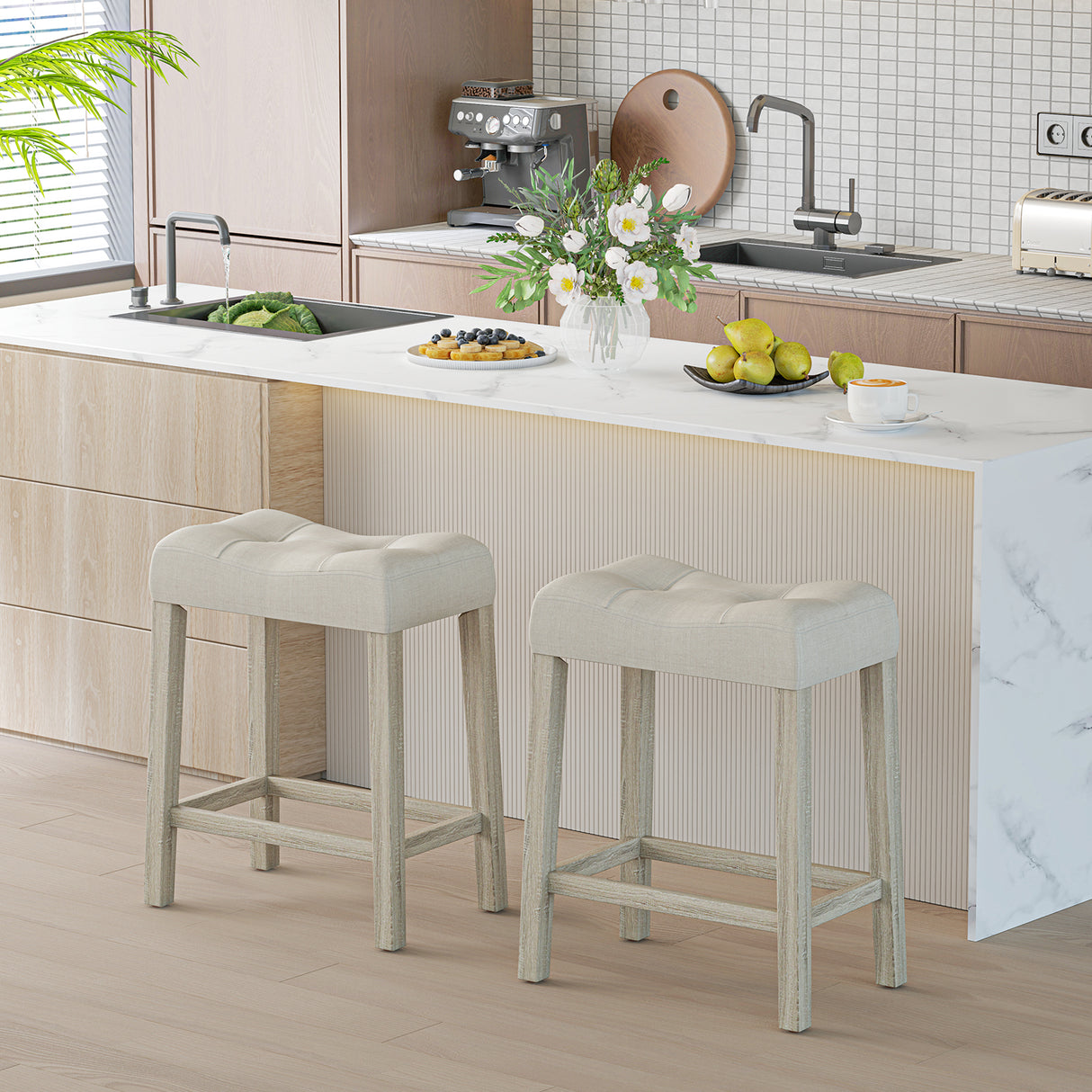 Set of 4 Upholstered Counter Height Bar Stool with Curved Saddle-Seat