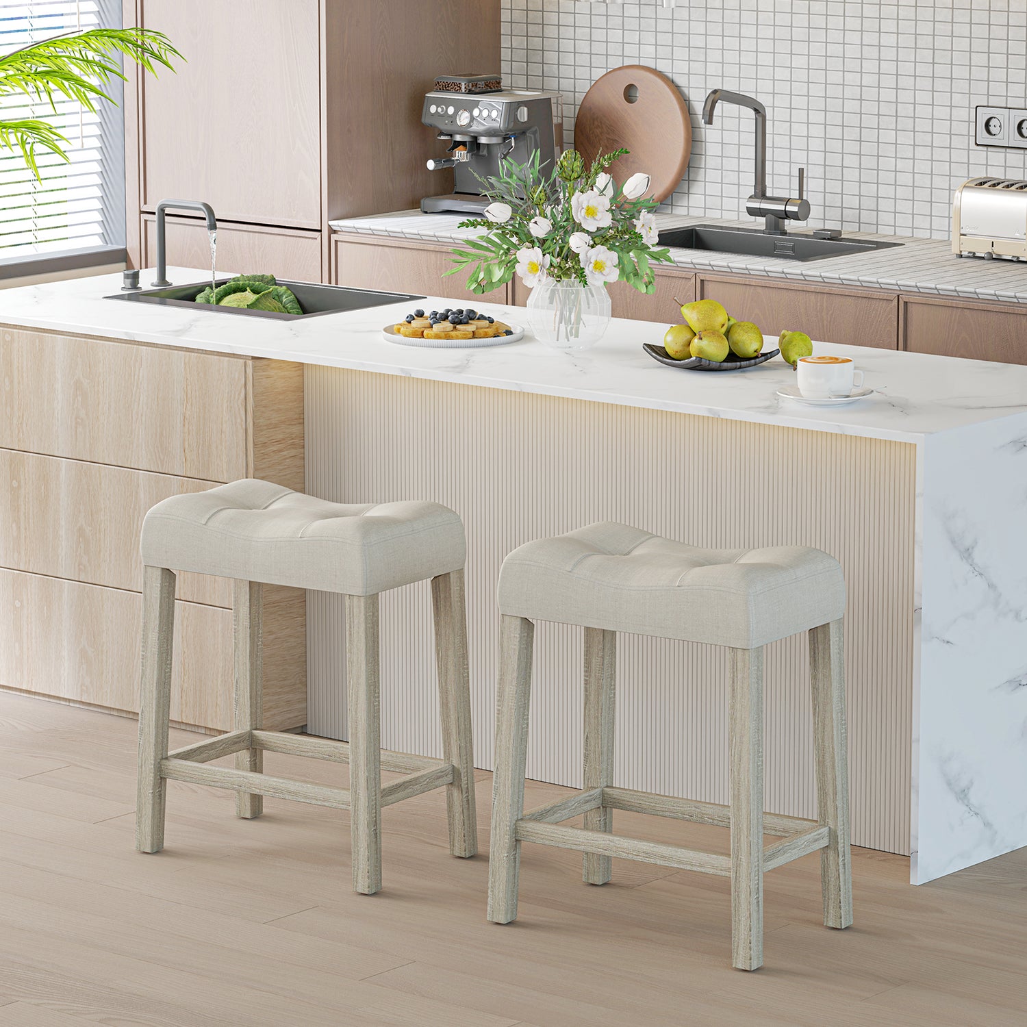 Set of 4 Upholstered Counter Height Bar Stool with Curved Saddle-Seat