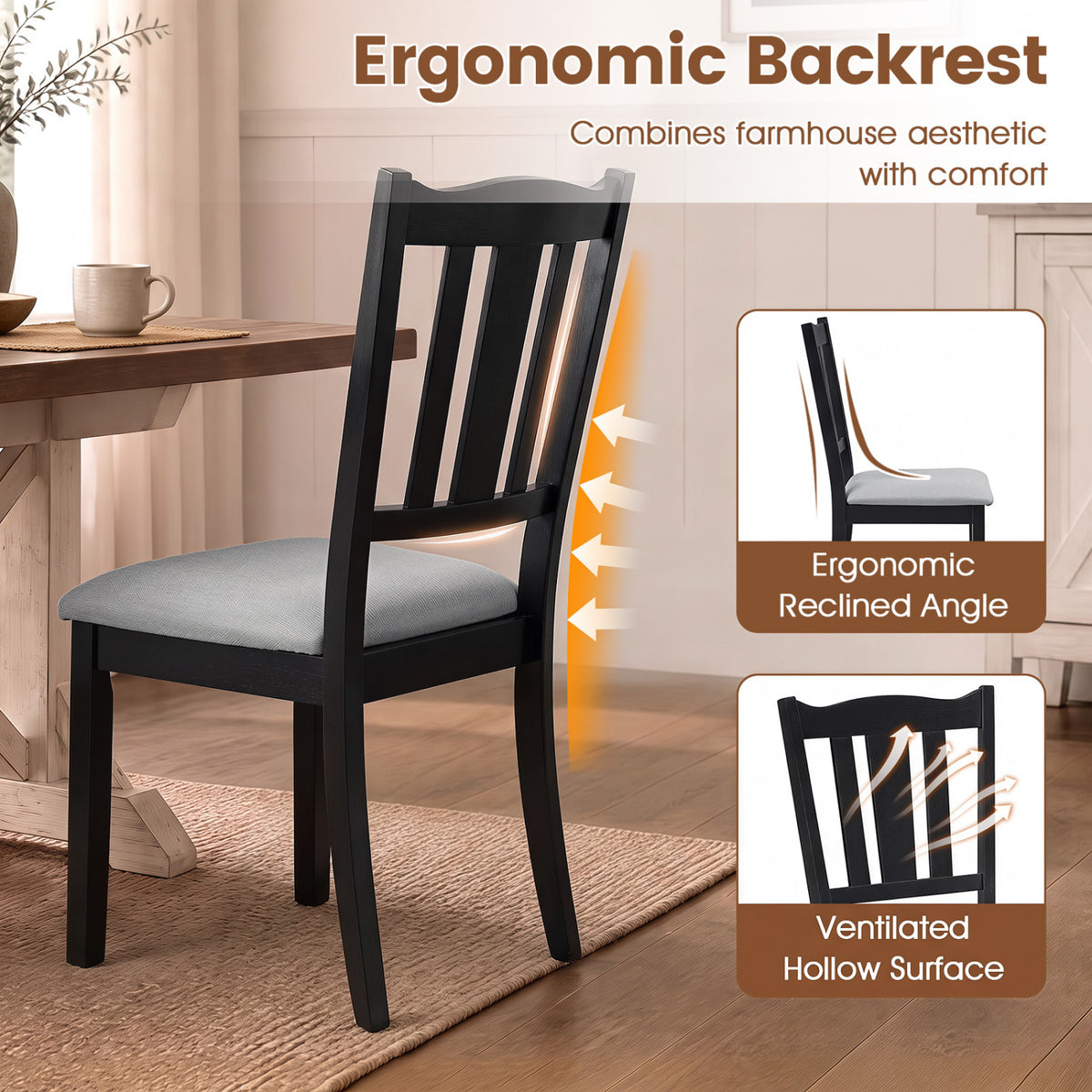 Set of 2 Wooden Dining Chair with Hollow Back and Soft-padded Cushion