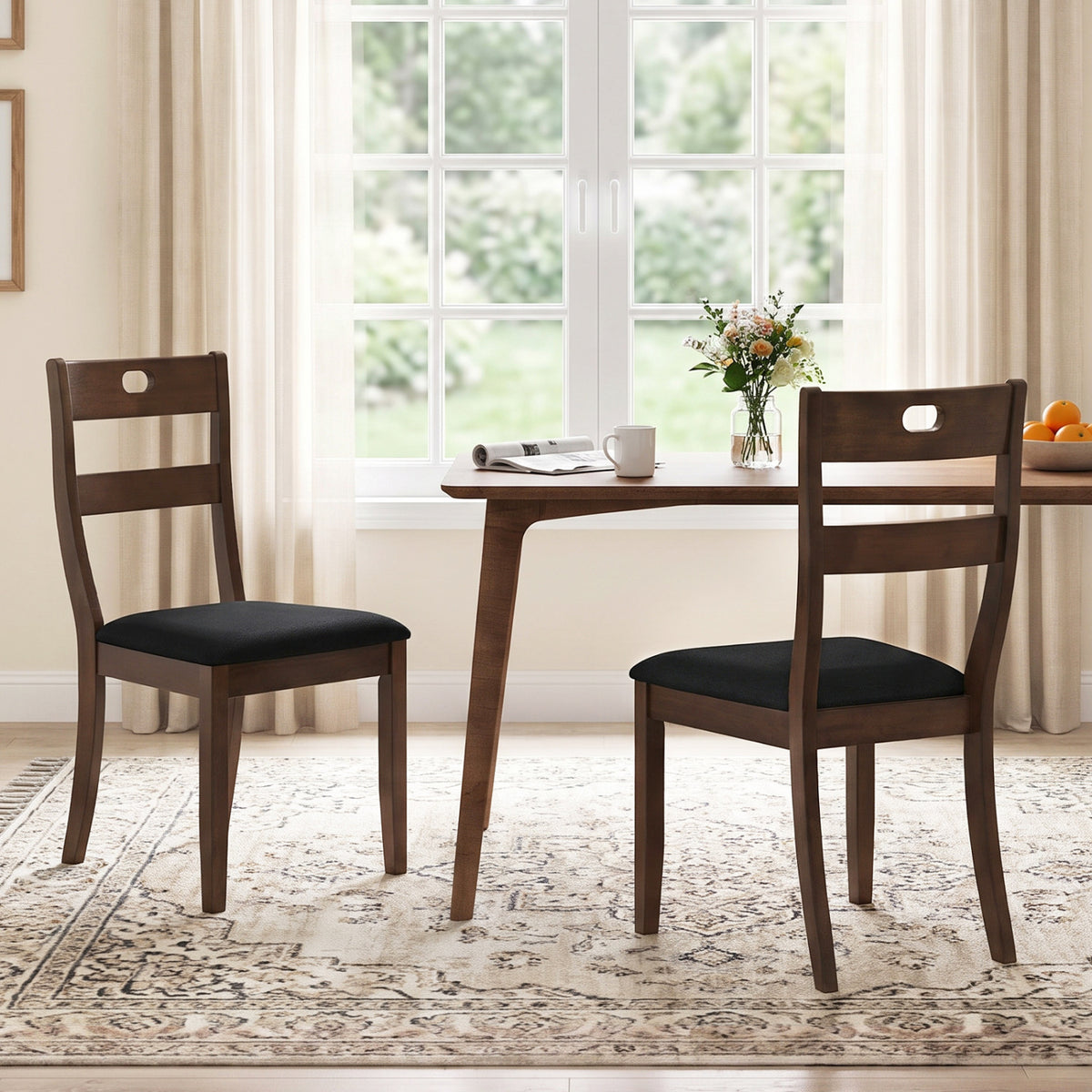 Set of 2 Wooden Dining Chairs with Padded Seats and Rubber Wood Frame