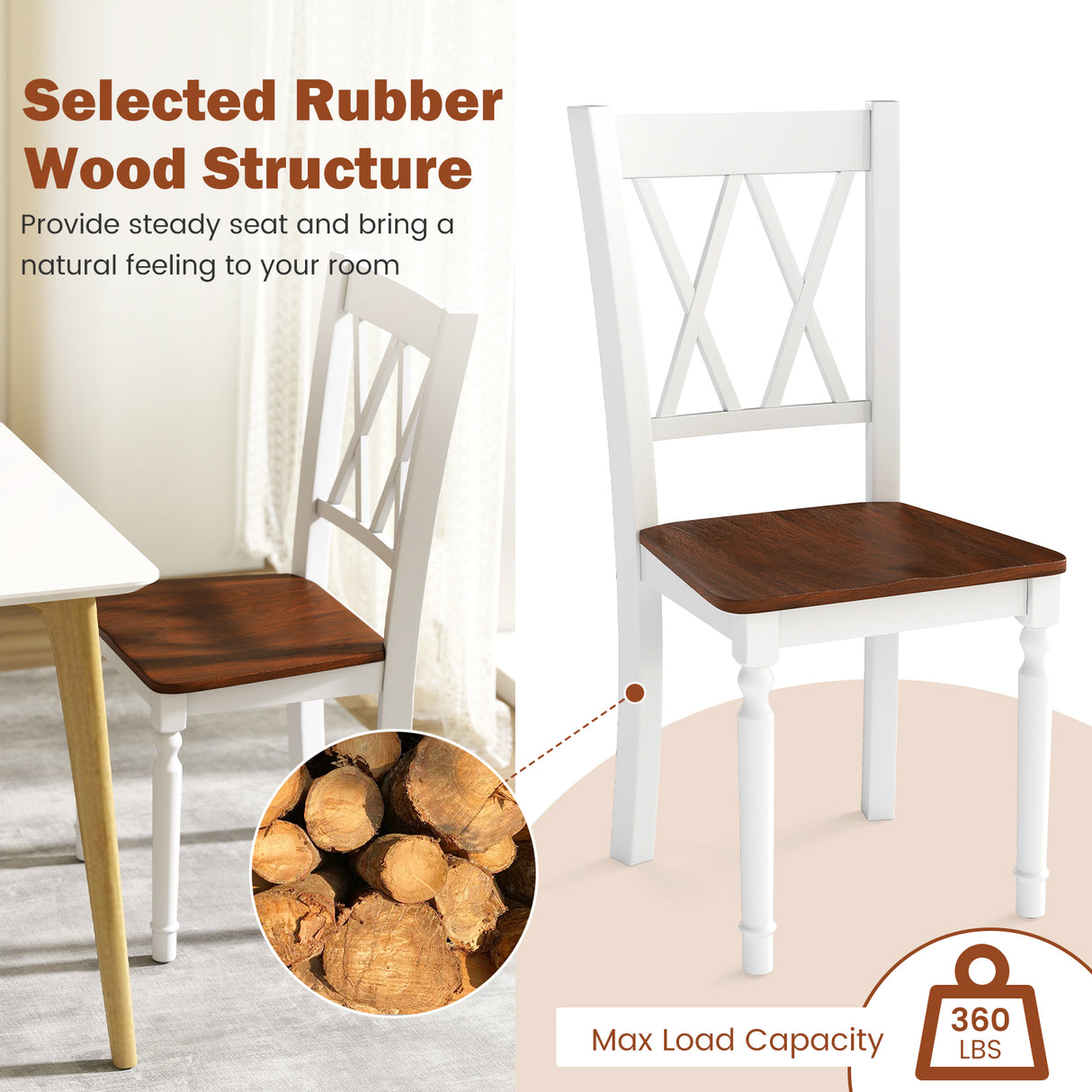 Set of 4 Wooden Farmhouse Kitchen Chairs with Rubber Wood Seat